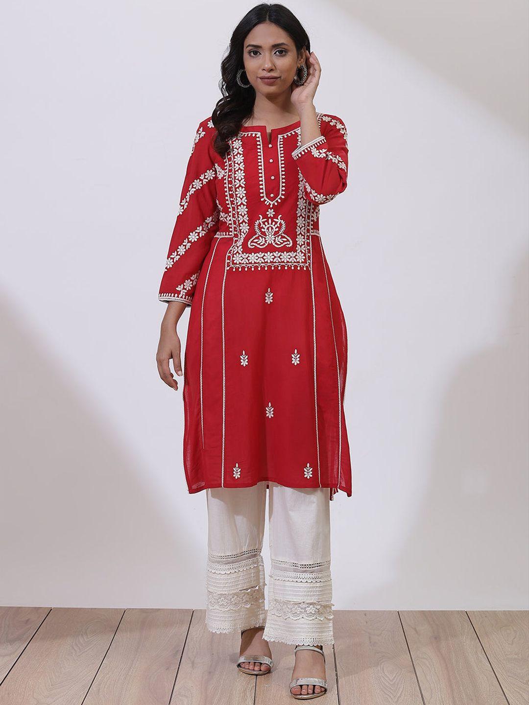 lakshita women red & white floral embroidered thread work kurta