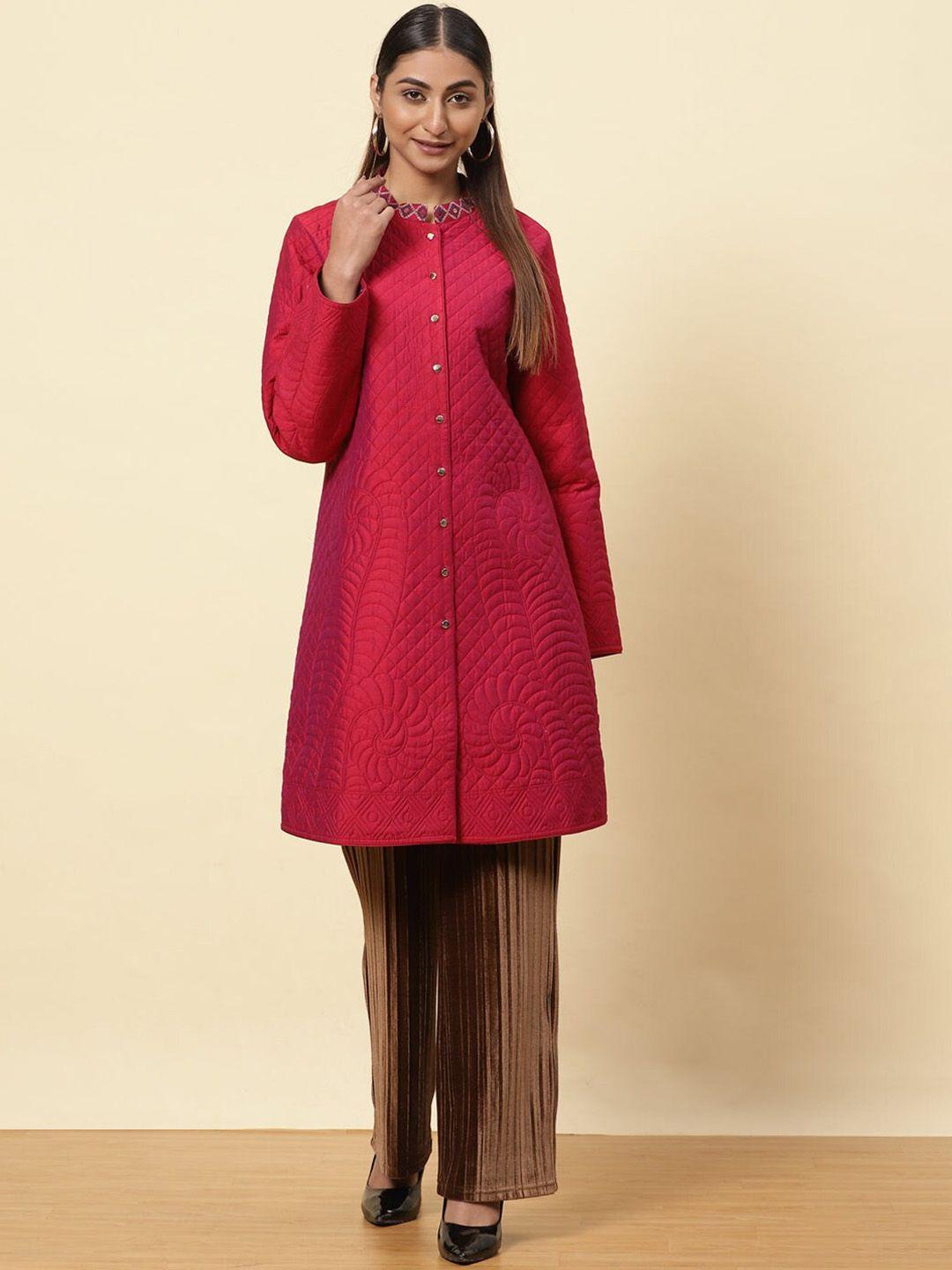 lakshita women red embroidered quilted long  coats