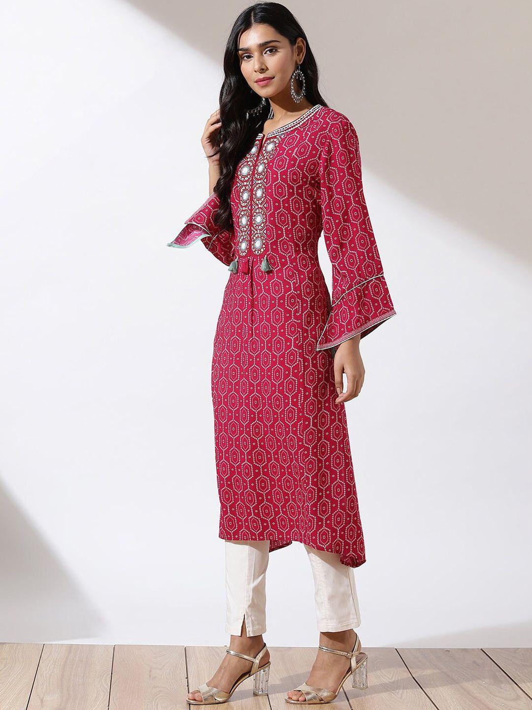 lakshita women red geometric printed flared sleeves kurta