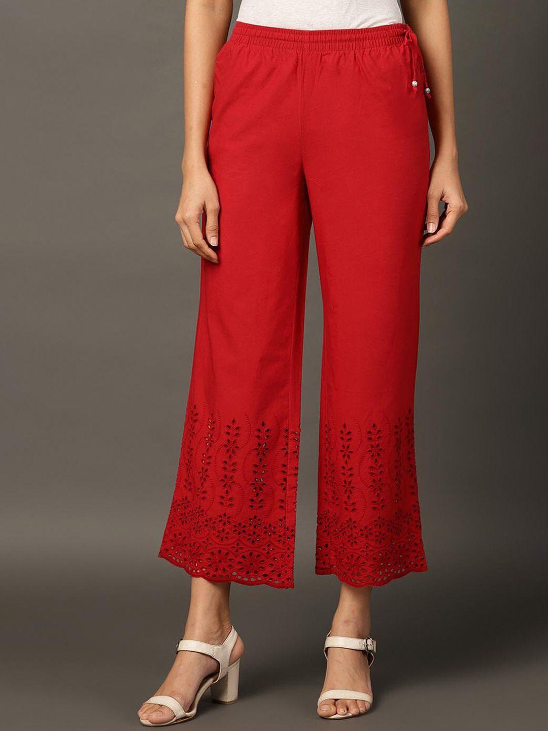 lakshita women red pure cotton hem design chambray cropped ethnic palazzos
