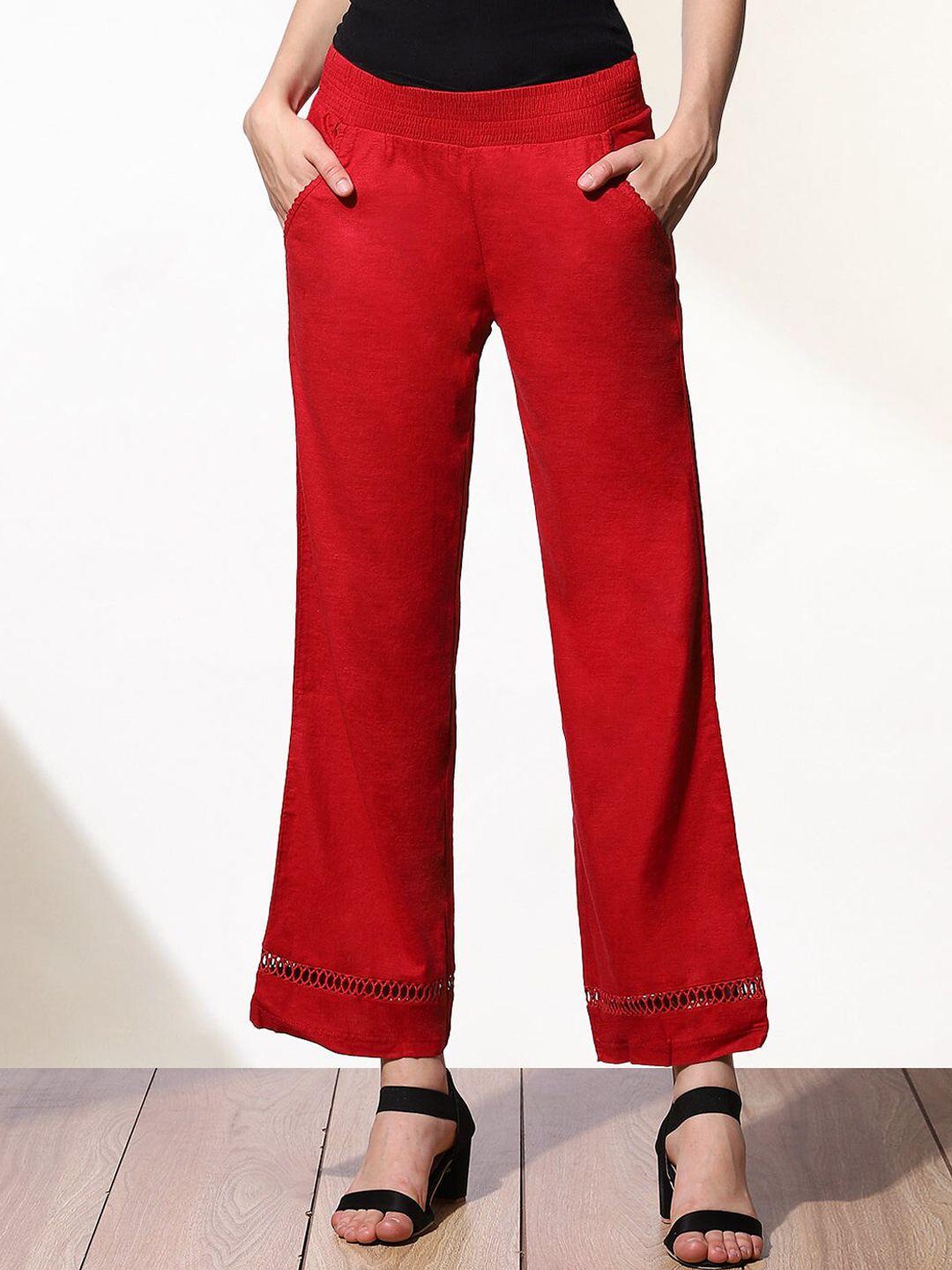 lakshita women red relaxed straight leg corduroy trousers