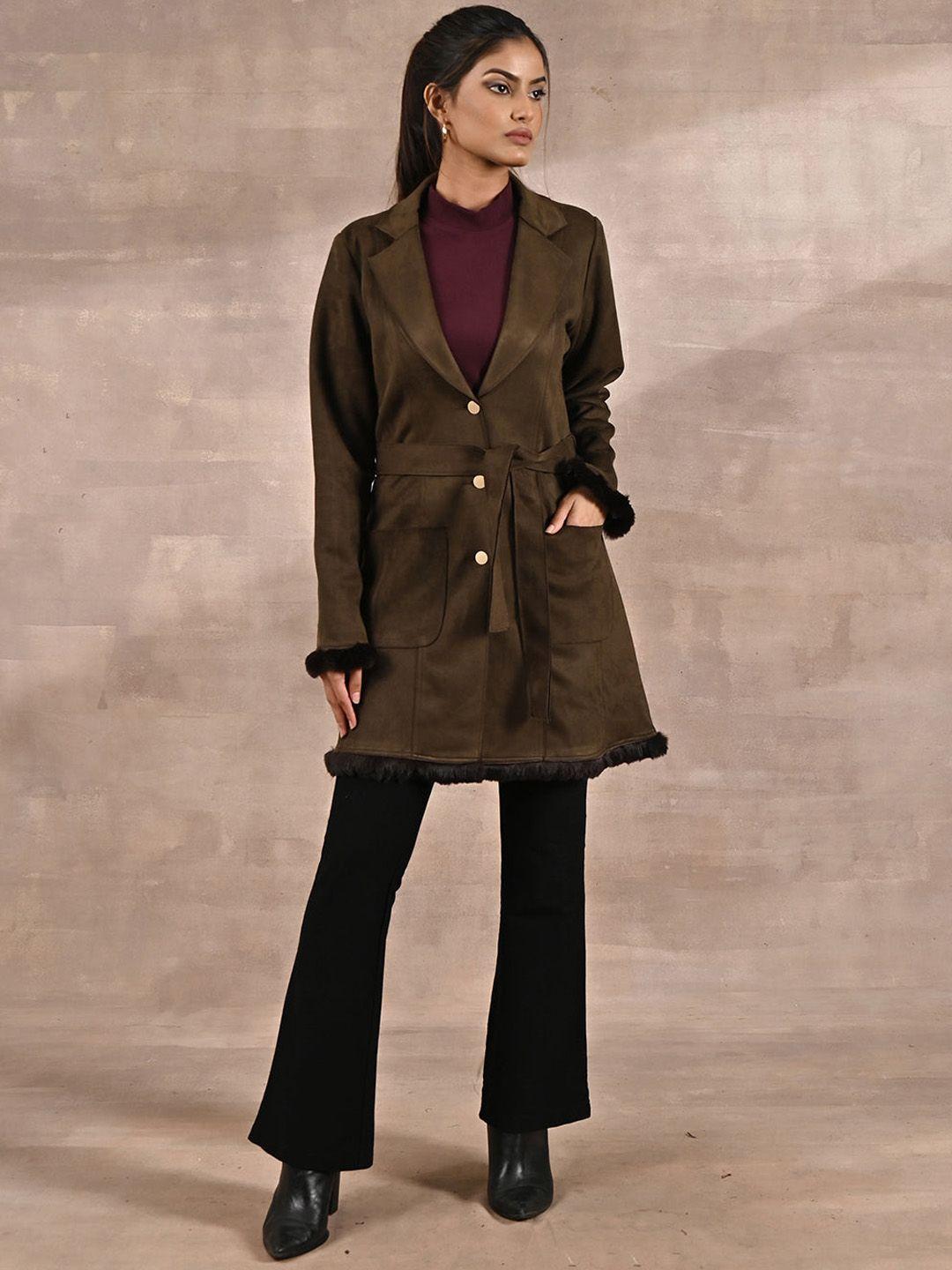 lakshita women suede regular fit belted trench coat