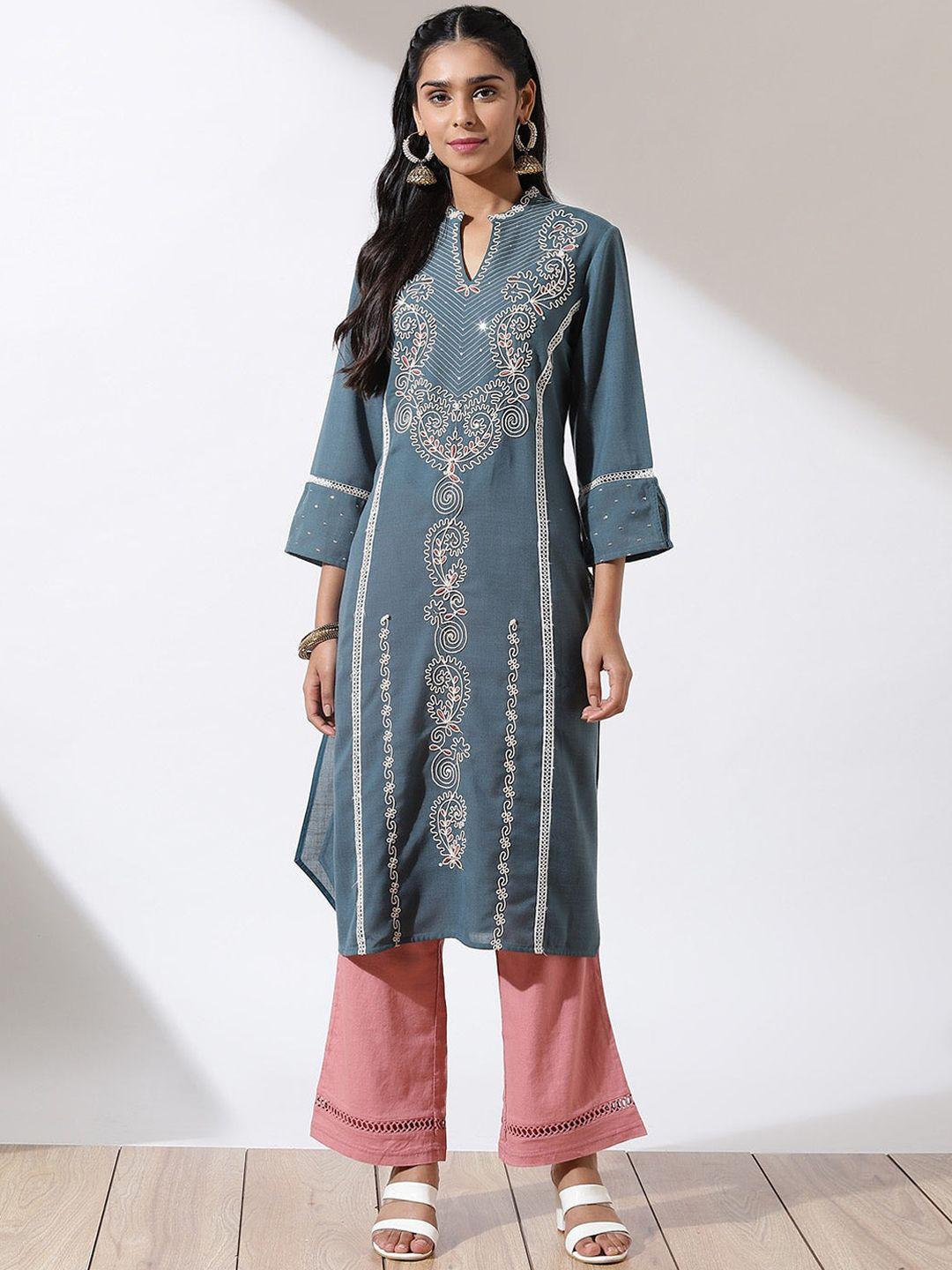 lakshita women teal ethnic motifs embroidered flared sleeves thread work kurta