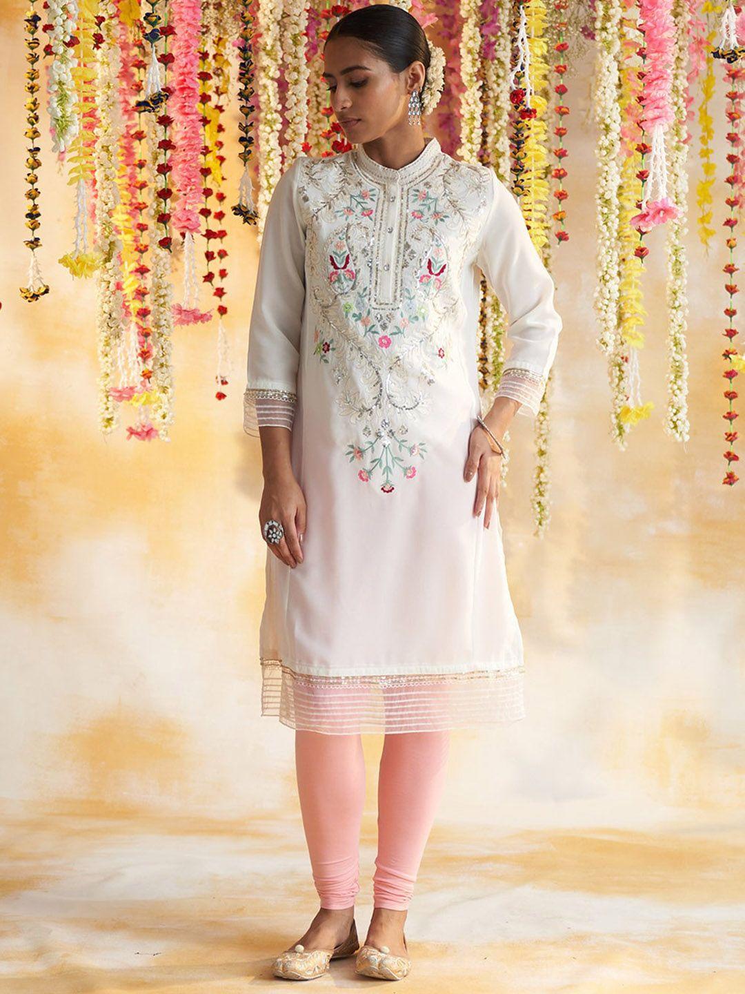 lakshita women white floral embroidered sequined kurta