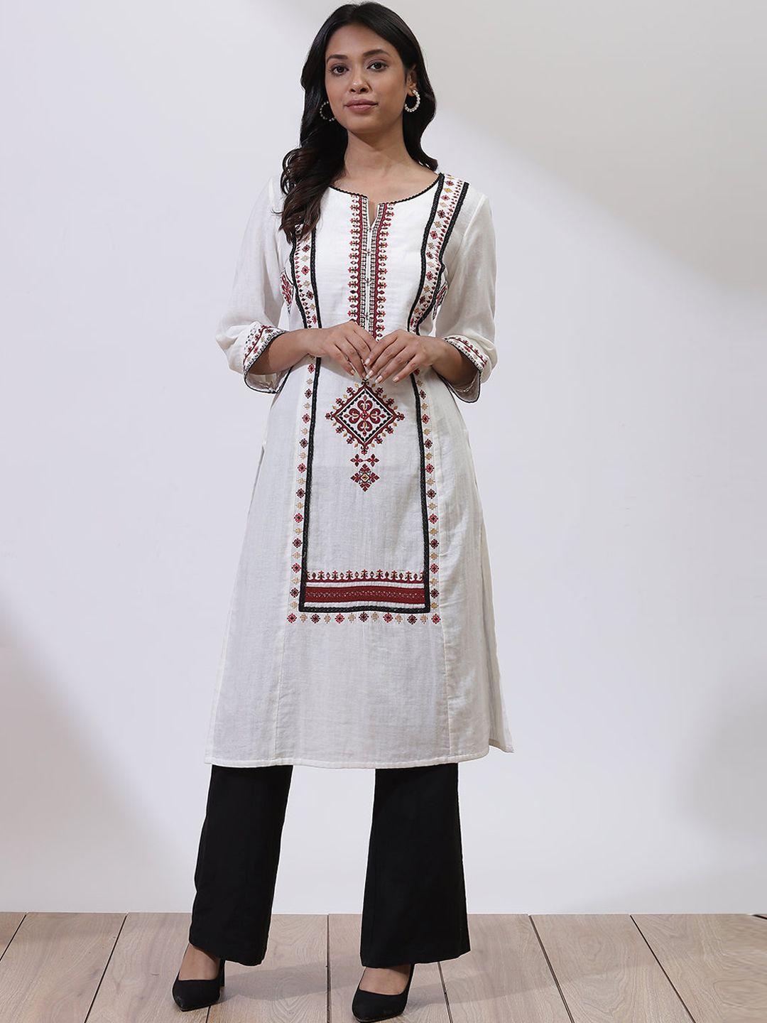 lakshita women white geometric embroidered a-line kurta