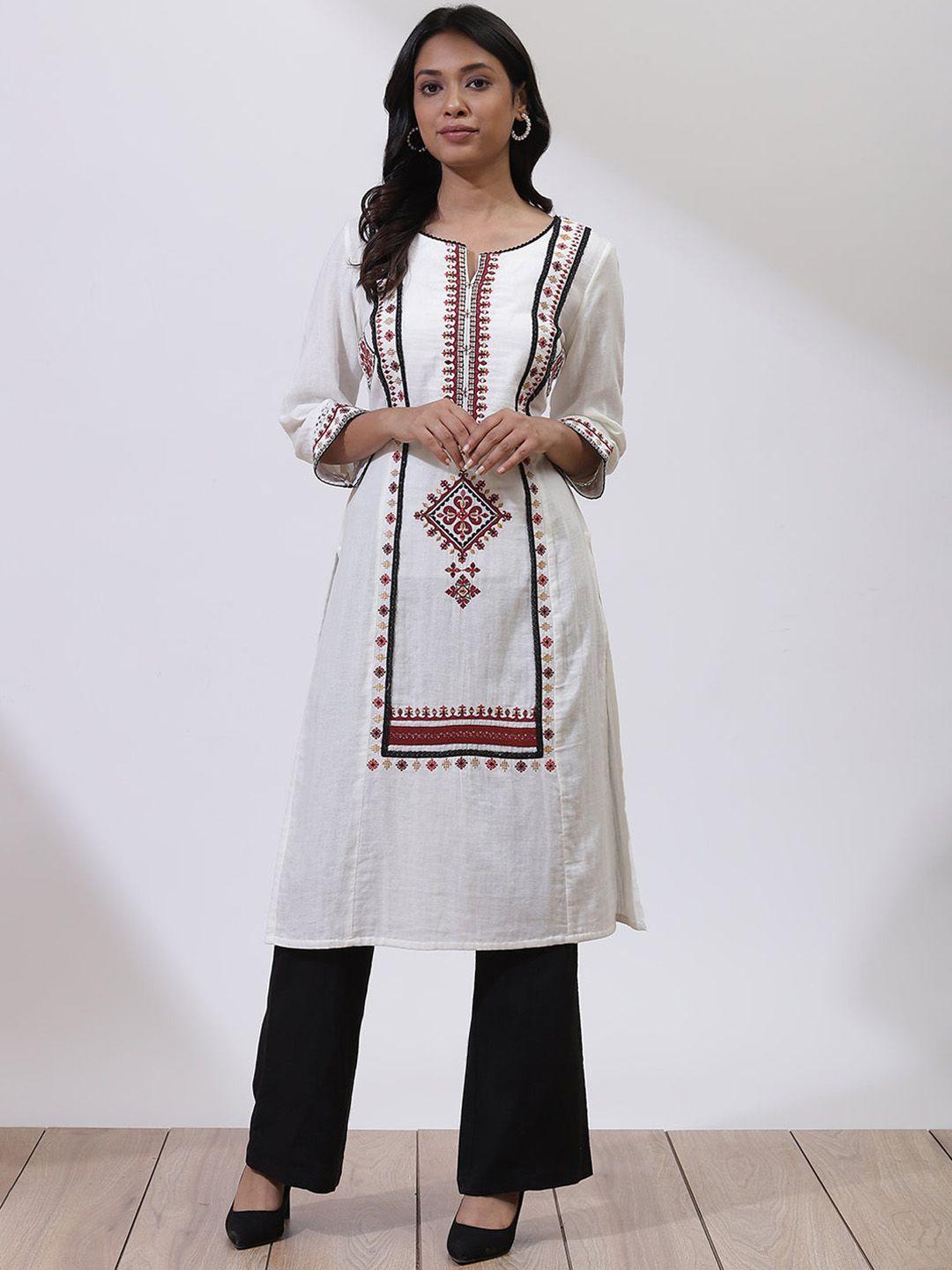 lakshita women white geometric striped keyhole neck mirror work kurta