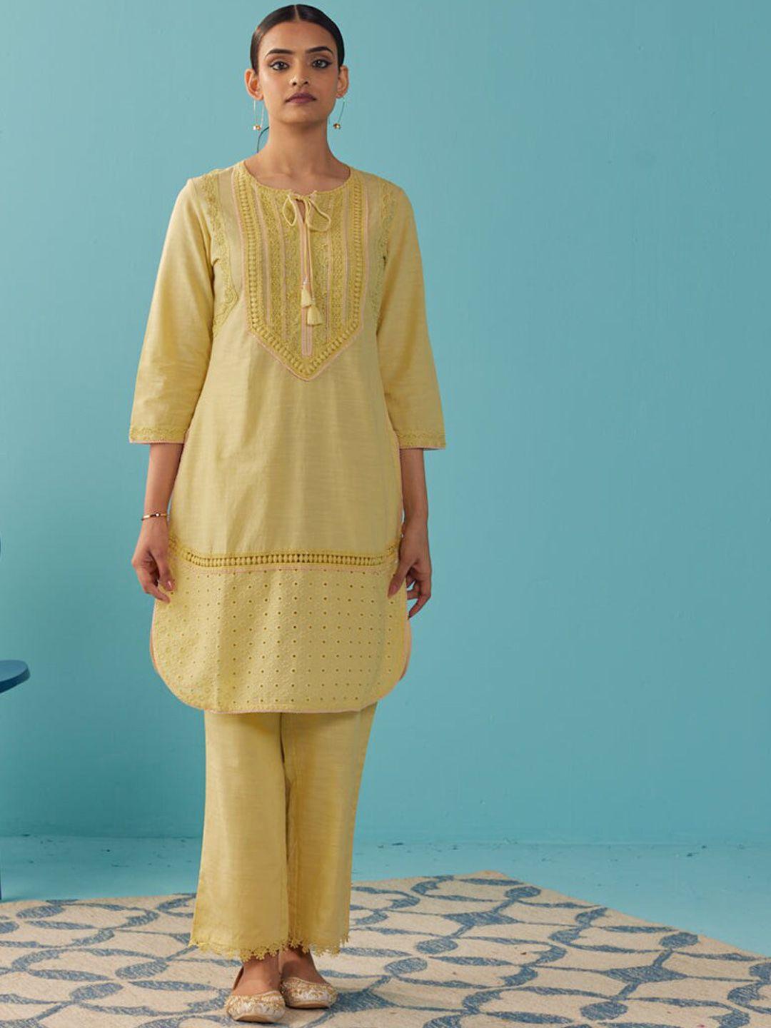 lakshita women yellow regular thread work kurta with trousers