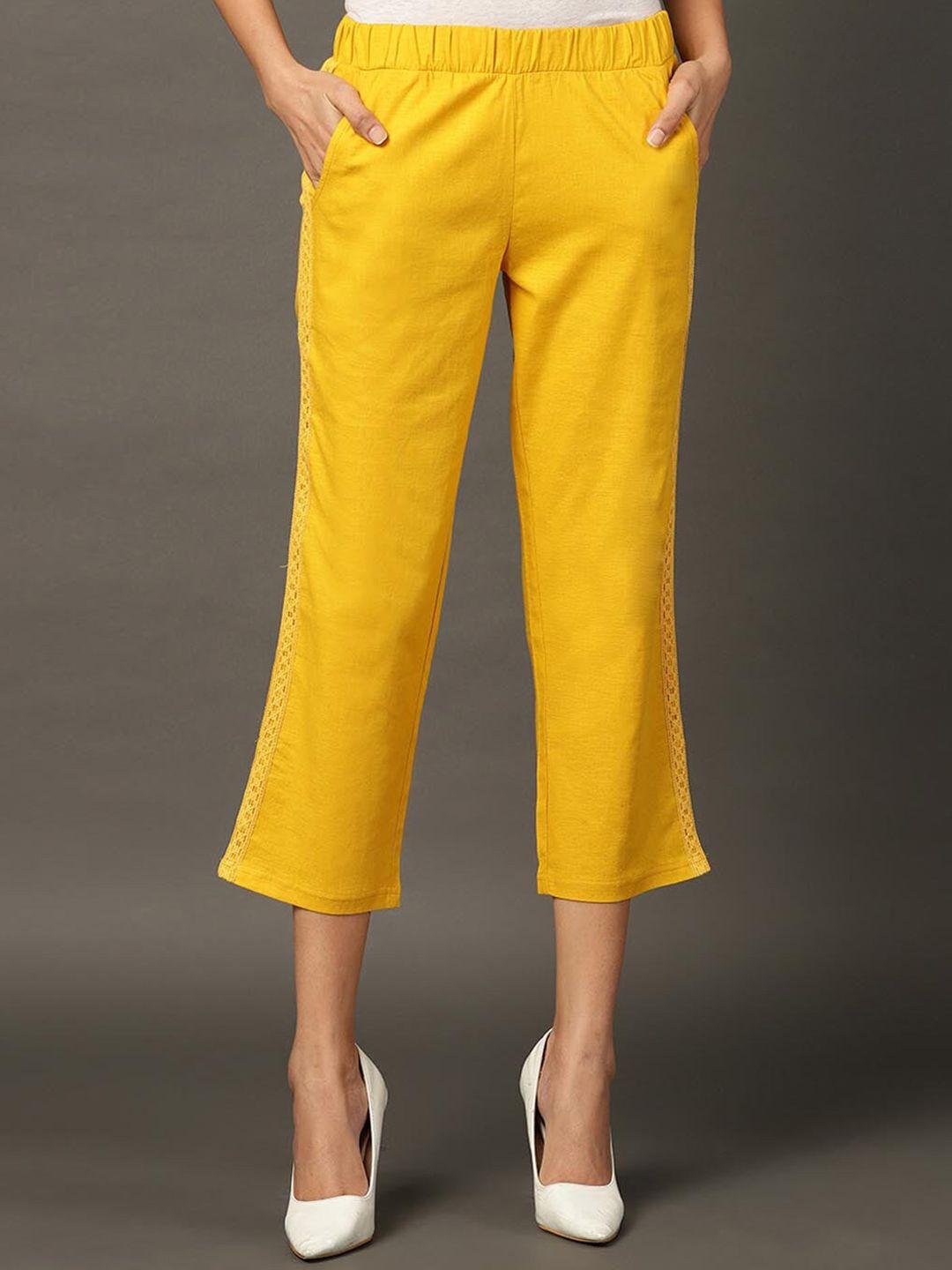 lakshita women yellow solid skinny fit cotton capris