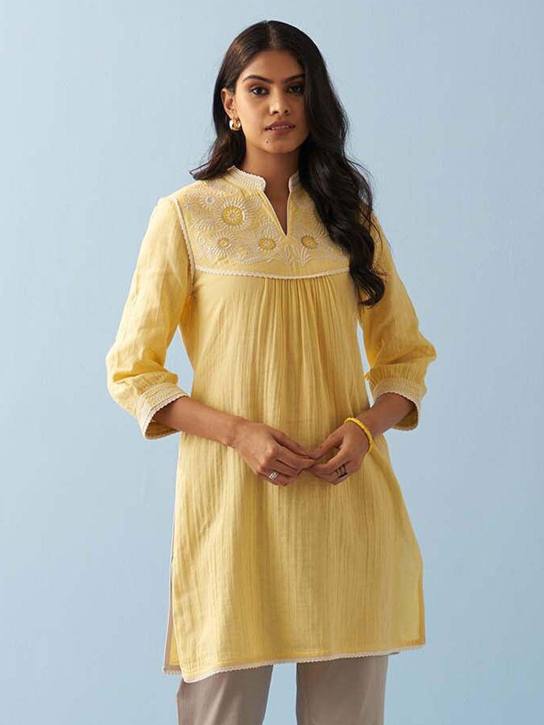 lakshita yellow embroidered thread work pure cotton thread work kurti