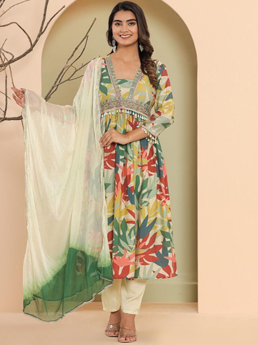 lali jaipur floral printed v-neck empire anarkali kurta with trousers & dupatta