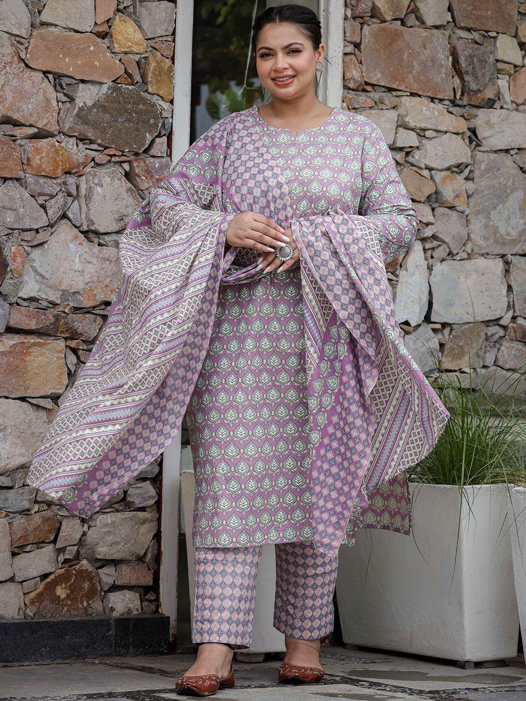 lali jaipur plus size ethnic motifs notched neck straight kurta with trousers & dupatta