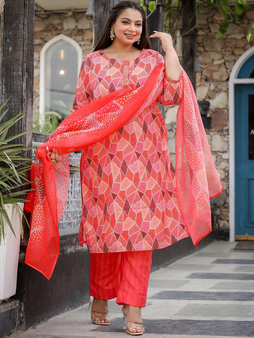 lali jaipur plus size geometric round neck straight kurta with trousers & dupatta