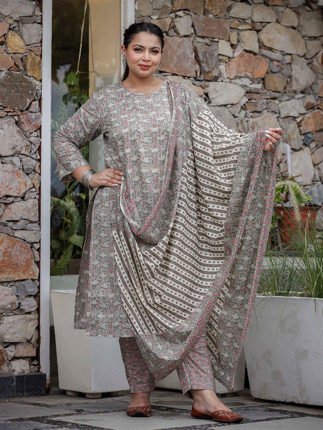 lali jaipur plus size printed pure cotton straight kurta with trousers & dupatta