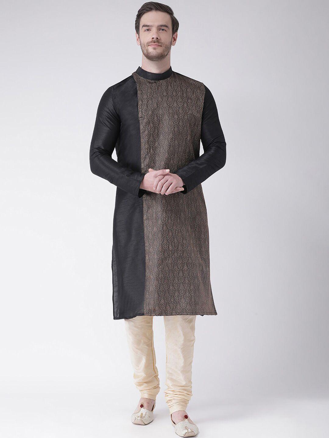 lamaaya men black banarasi silk kurta with churidar set