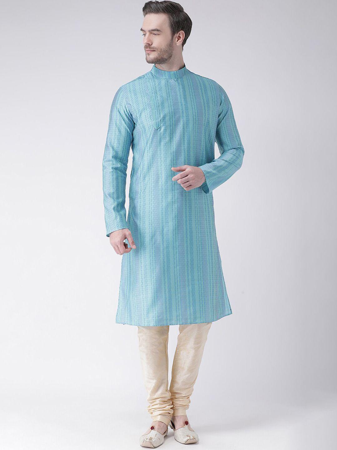 lamaaya men blue & cream-coloured self design kurta with churidar