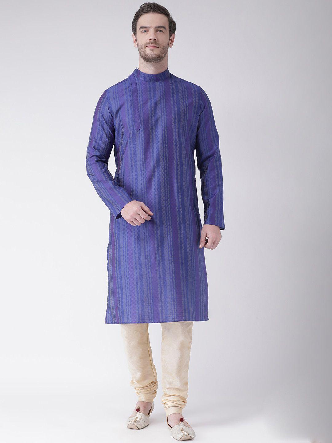 lamaaya men blue & cream-coloured striped kurta with churidar