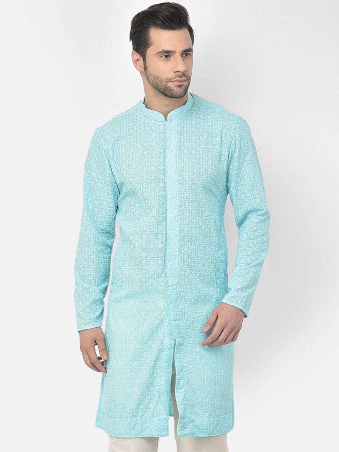 lamaaya men blue floral embroidered chikankari pure cotton kurta with pyjamas