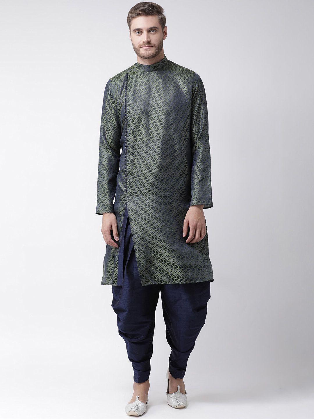 lamaaya men green & navy blue woven design kurta with dhoti pants