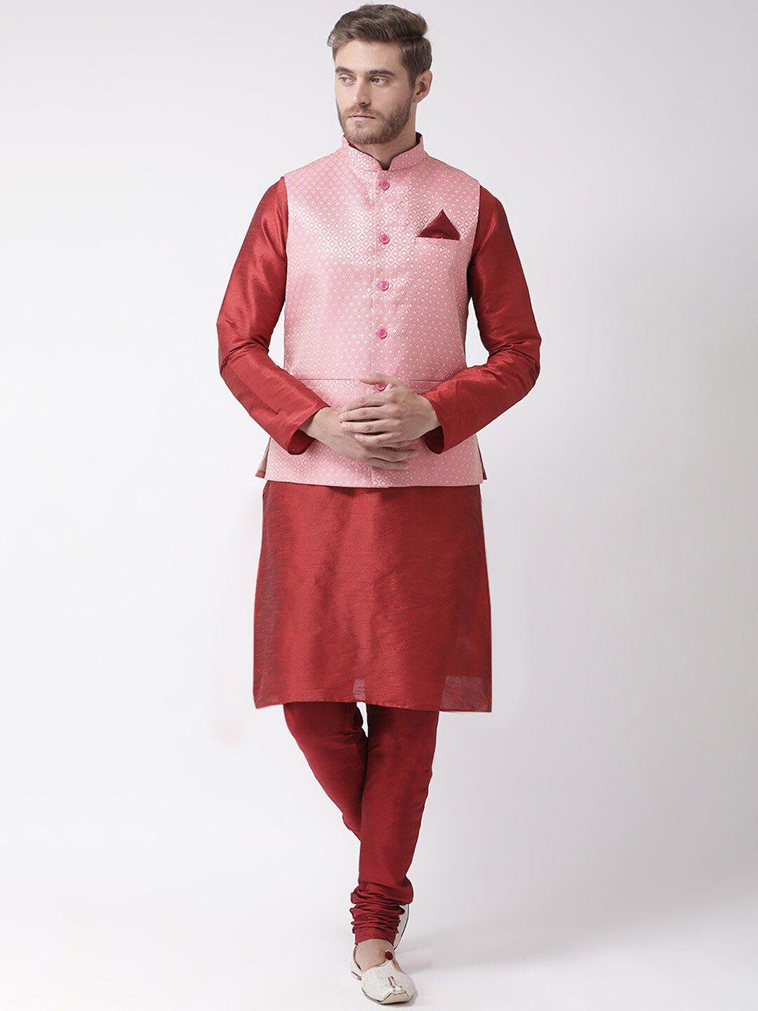 lamaaya men maroon & pink woven design kurta with churidar with nehru jacket