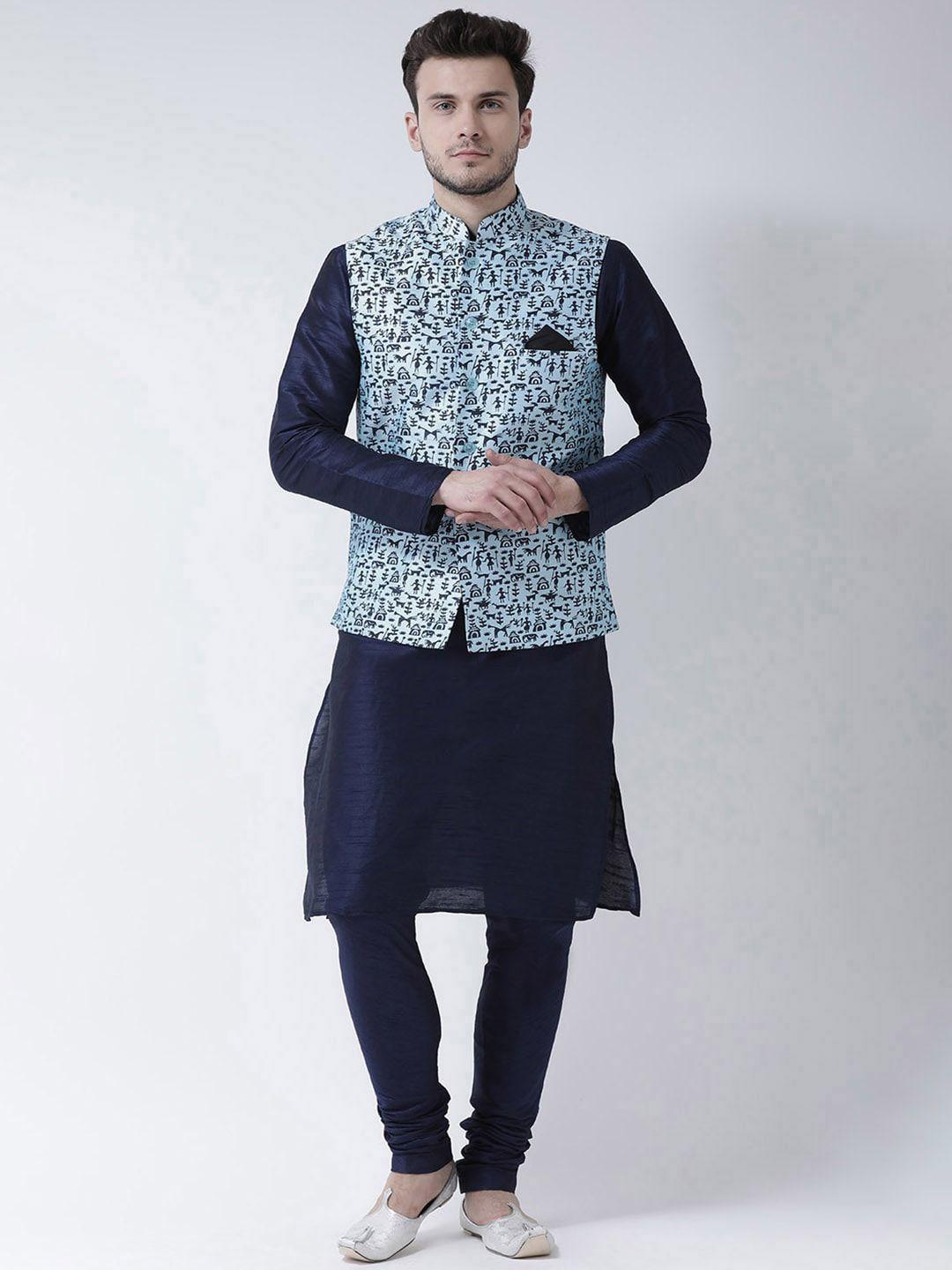 lamaaya men navy blue & blue solid kurta with churidar & nehru jacket