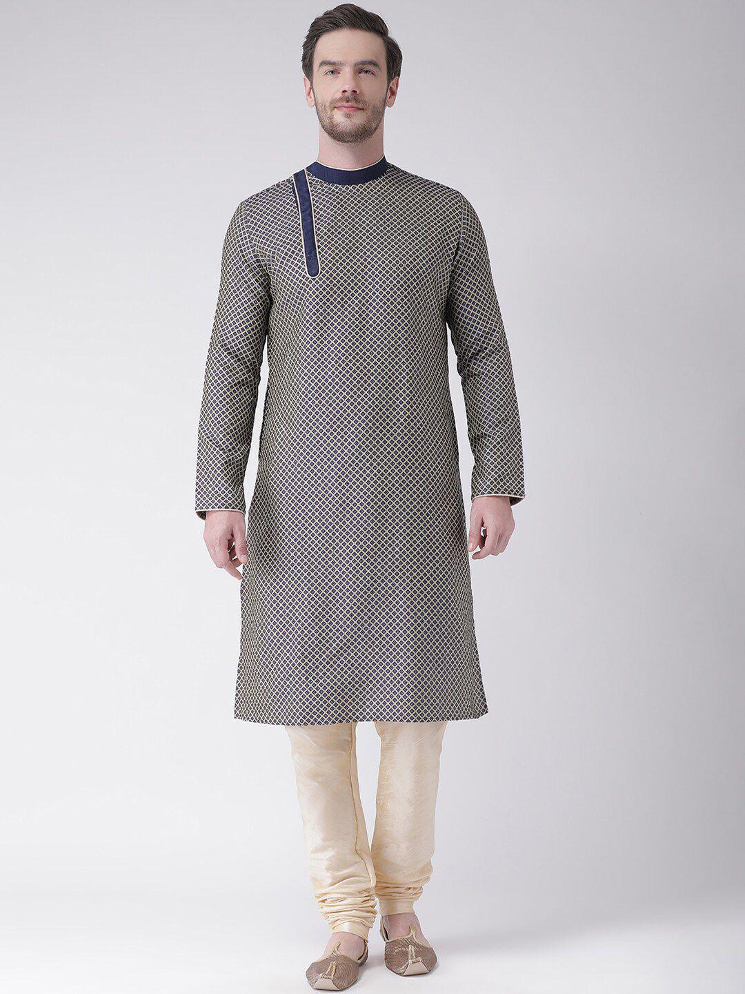 lamaaya men navy blue banarasi silk kurta with churidar