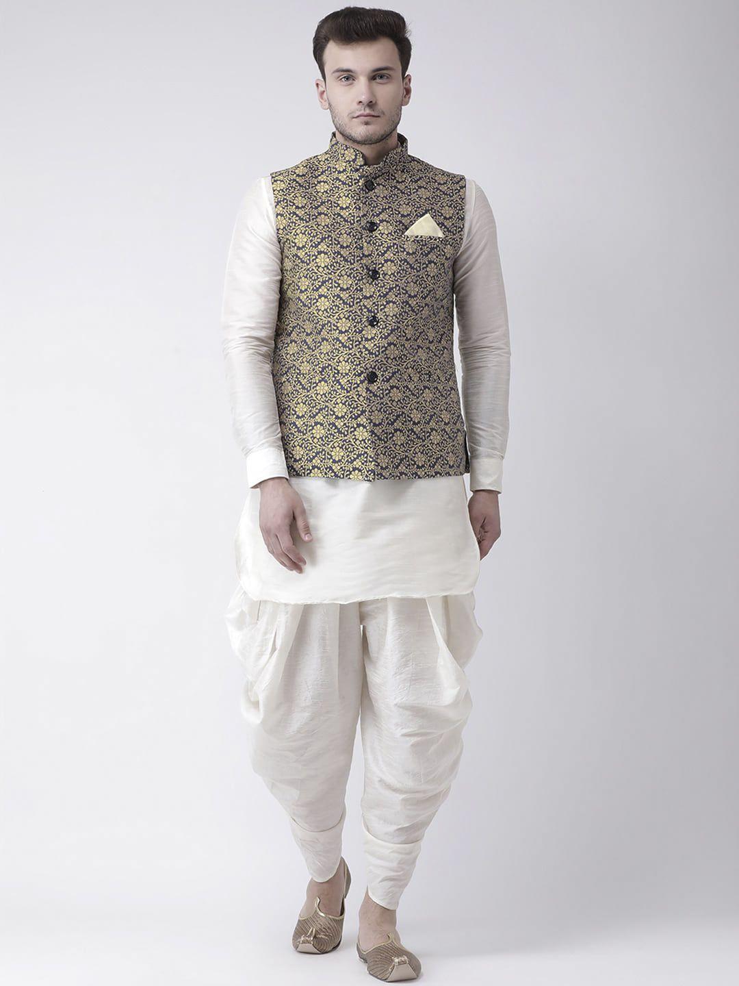 lamaaya men off-white & navy blue solid kurta with dhoti pants & nehru jacket