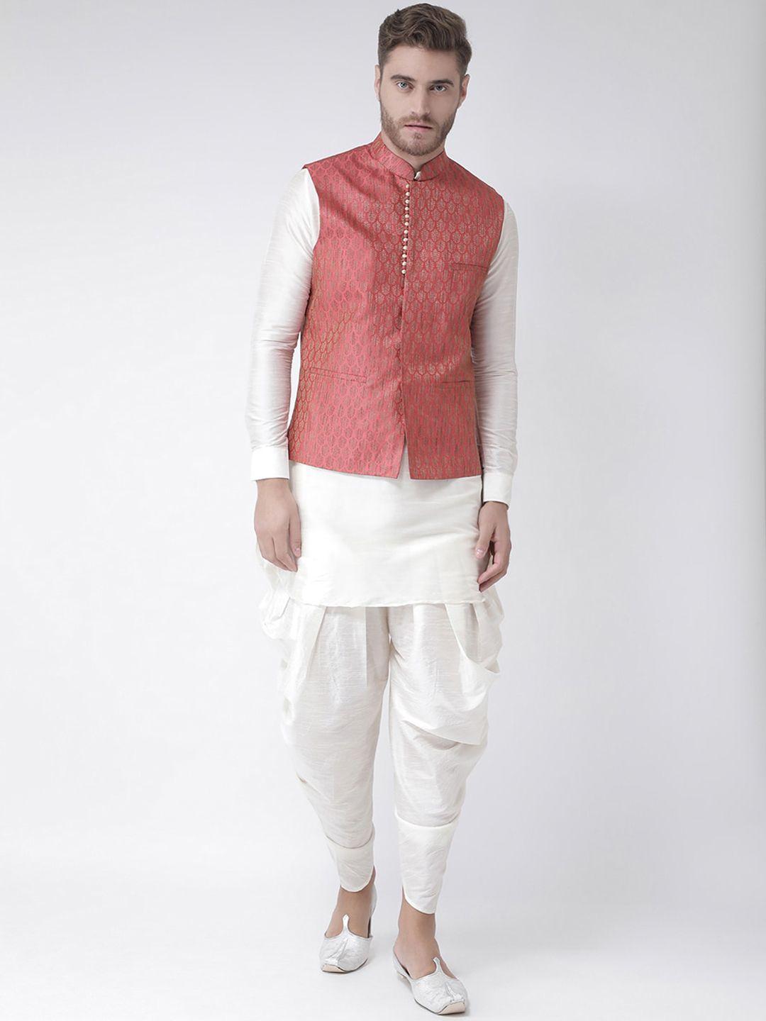 lamaaya men off-white & red solid kurta with dhoti pants & nehru jacket