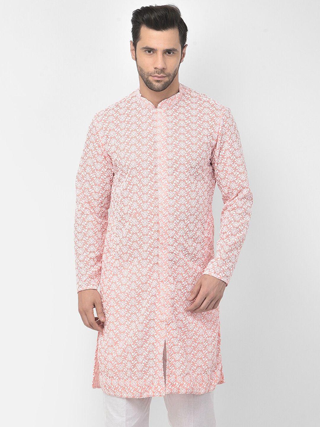 lamaaya men peach-coloured floral printed pure cotton kurta with pyjamas