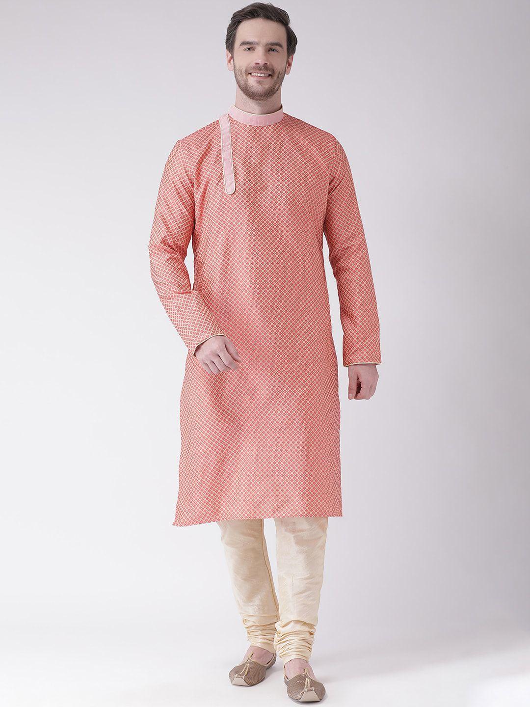 lamaaya men pink banarasi silk kurta with churidar