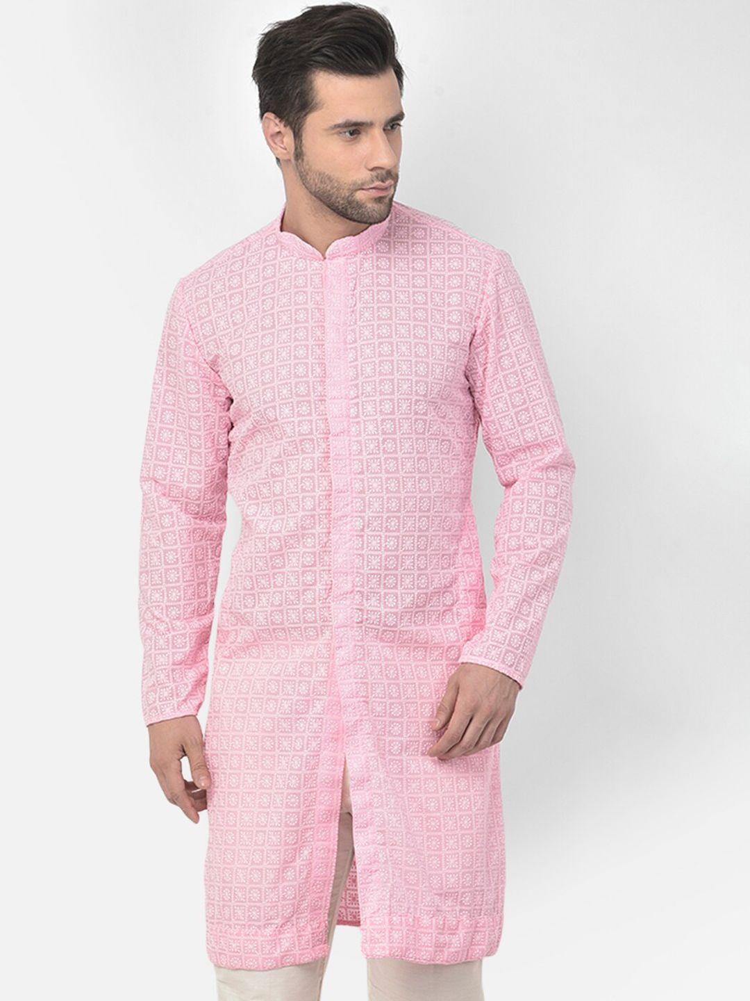 lamaaya men pink floral embroidered pure cotton kurta with pyjamas