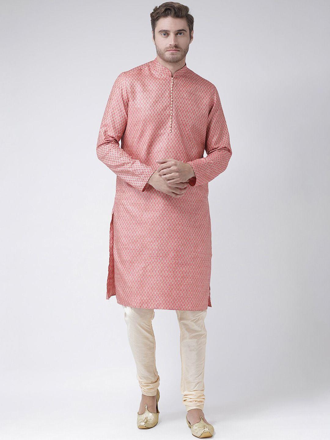 lamaaya men pink woven design straight banarasi silk kurta