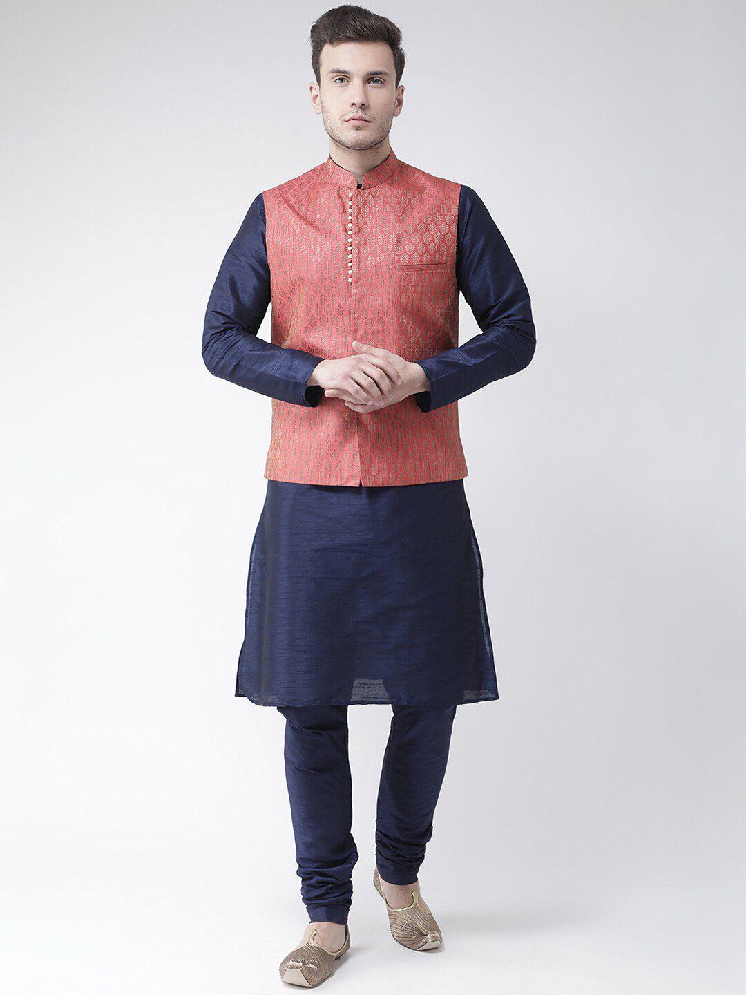 lamaaya men red & navy blue solid kurta with churidar & nehru jacket