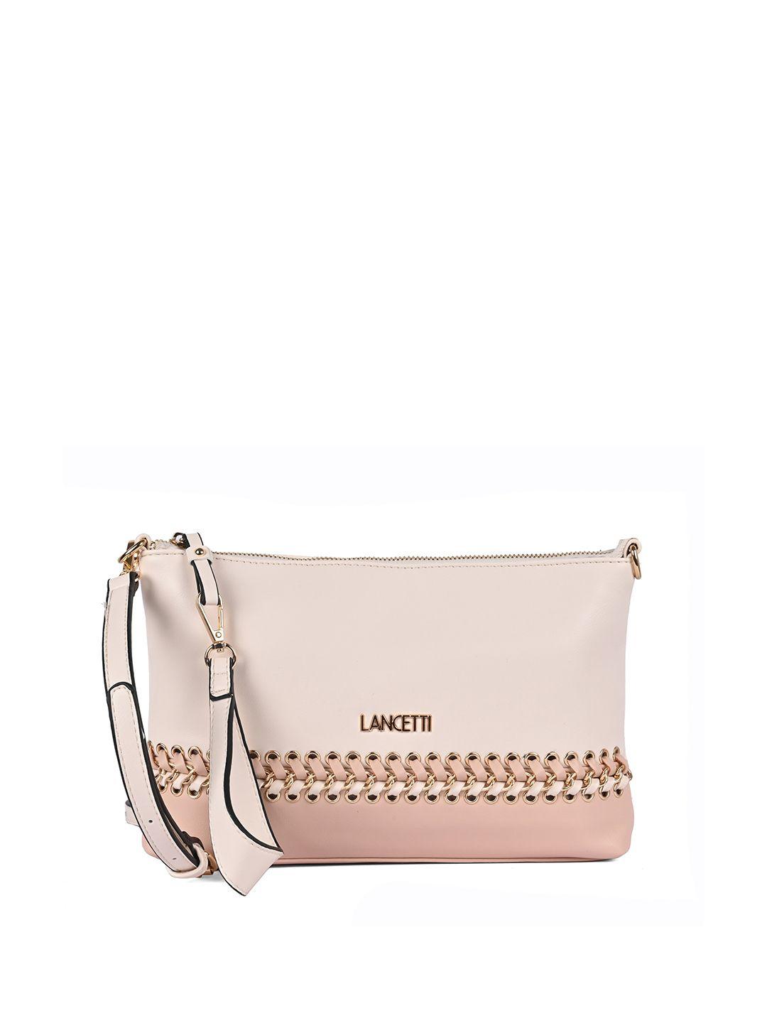 lancetti nude-coloured & gold-toned embellished purse clutch