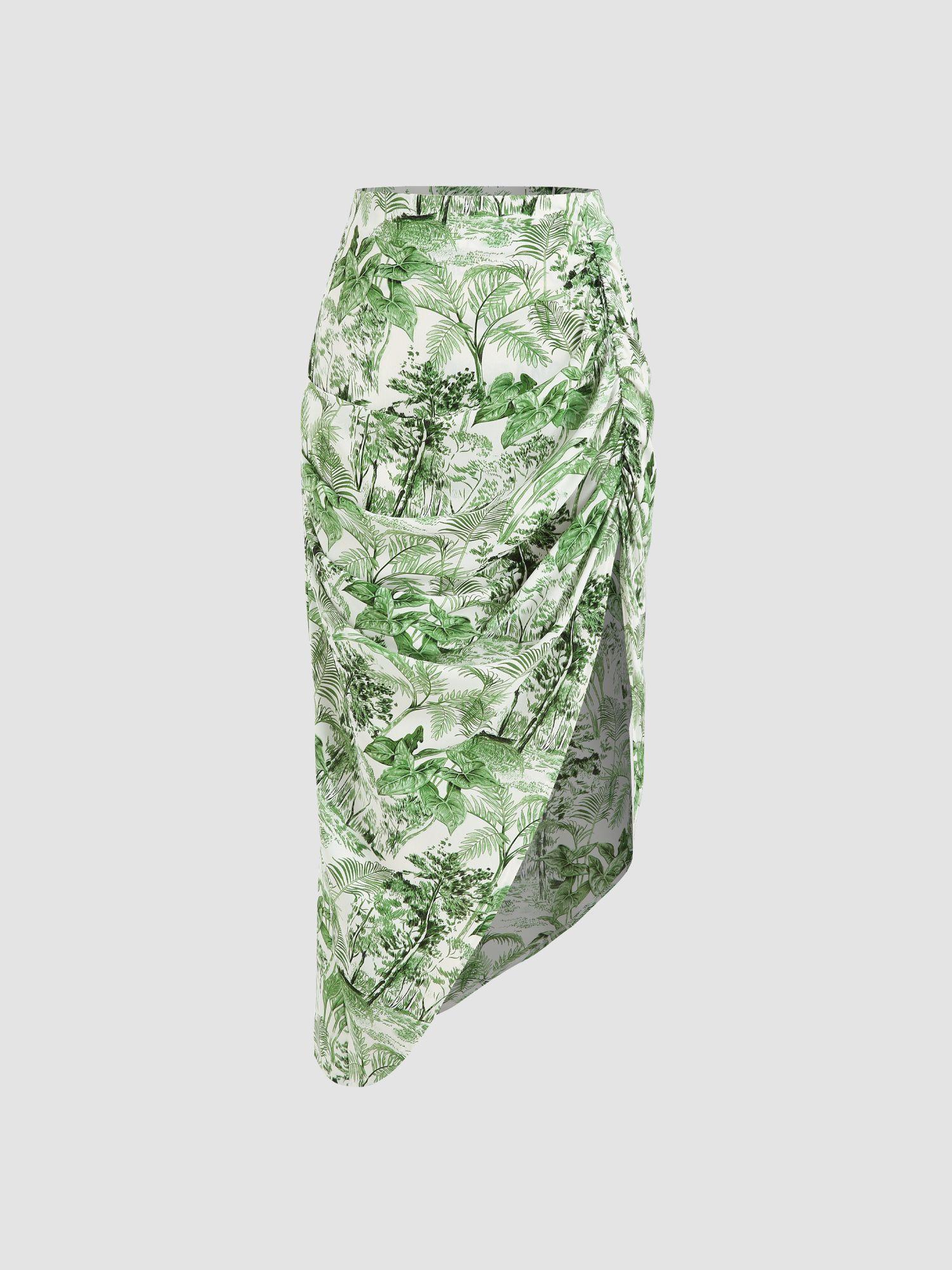 landscape painting ruched midi skirt