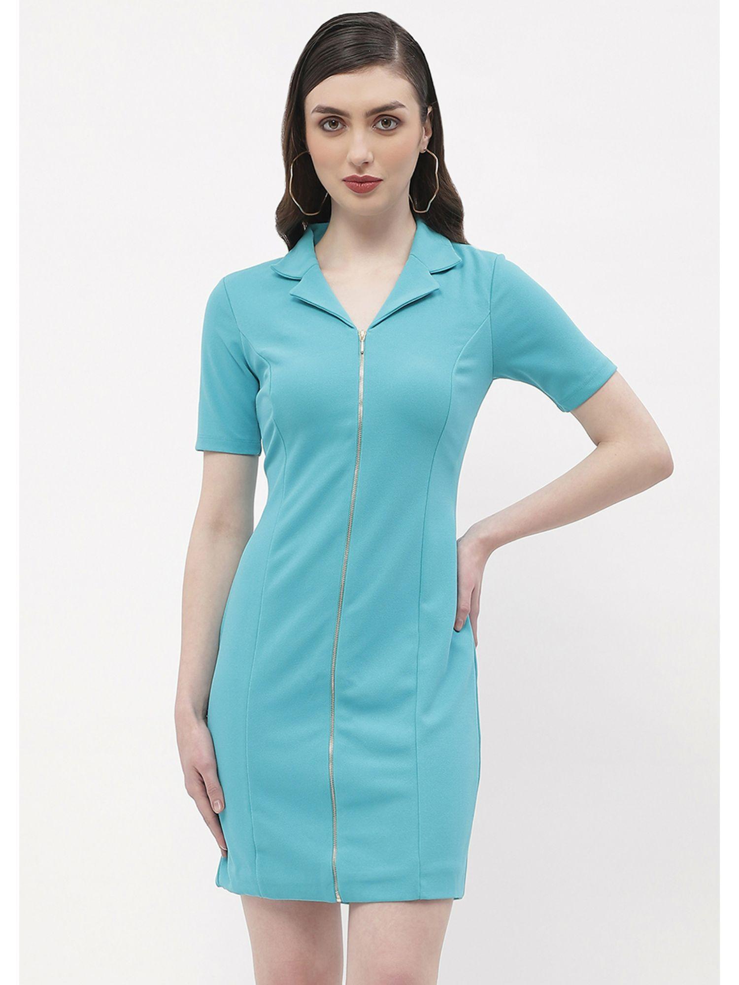 lapel collar aqua blue zipper bodycon dress