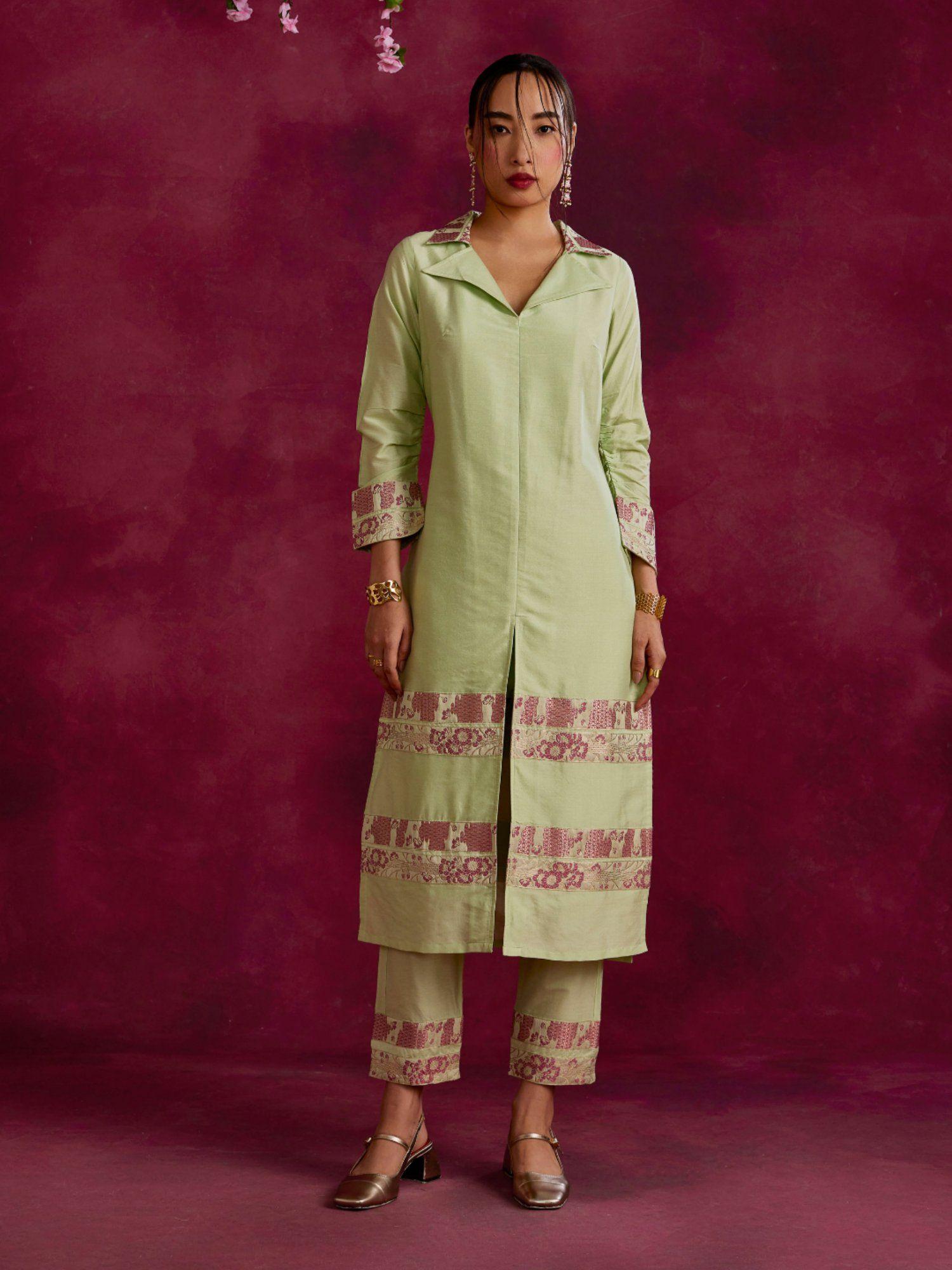 lapel collared kurta with zari border hem pistachio green