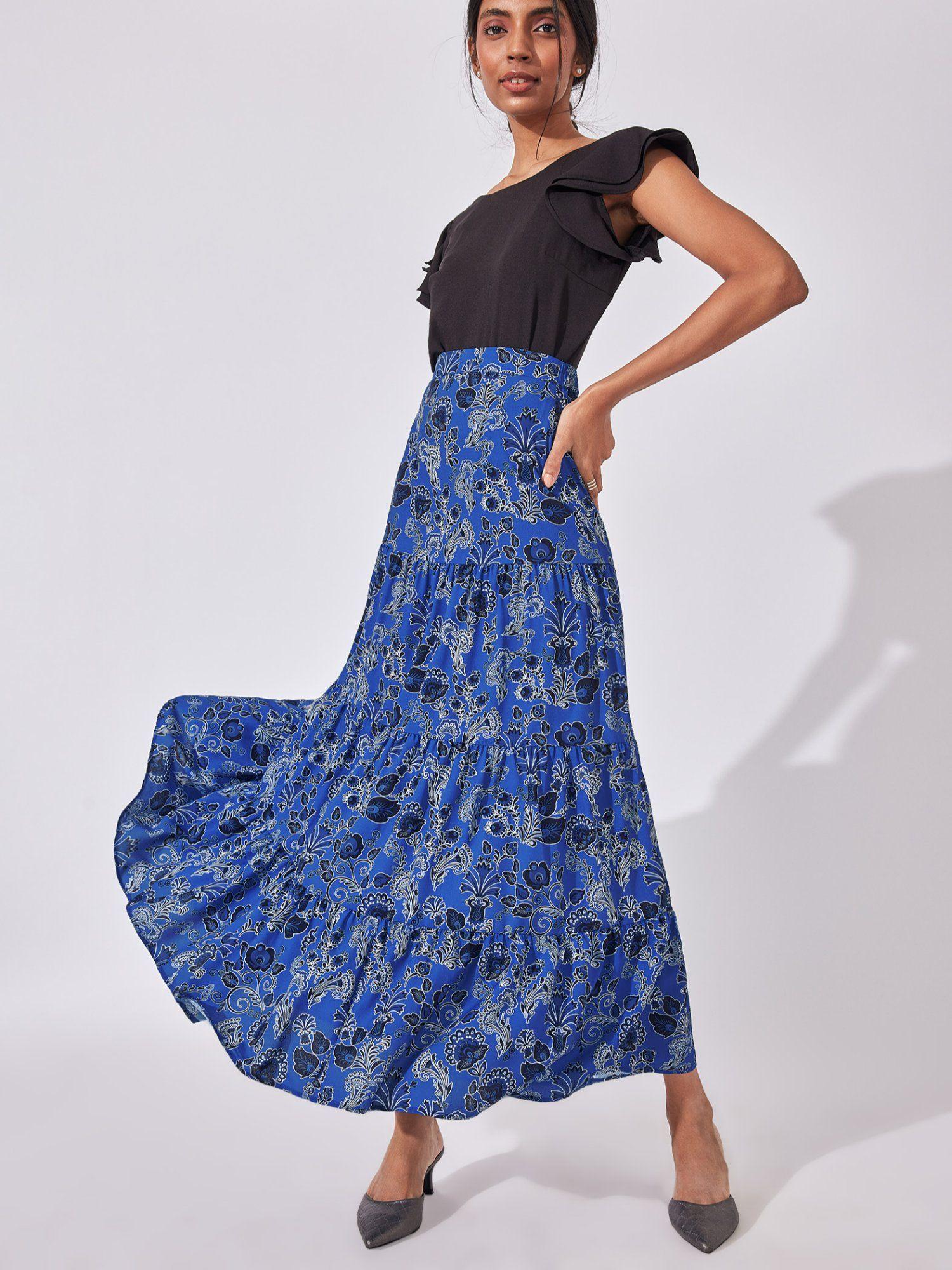 lapis blue floral tiered maxi skirt