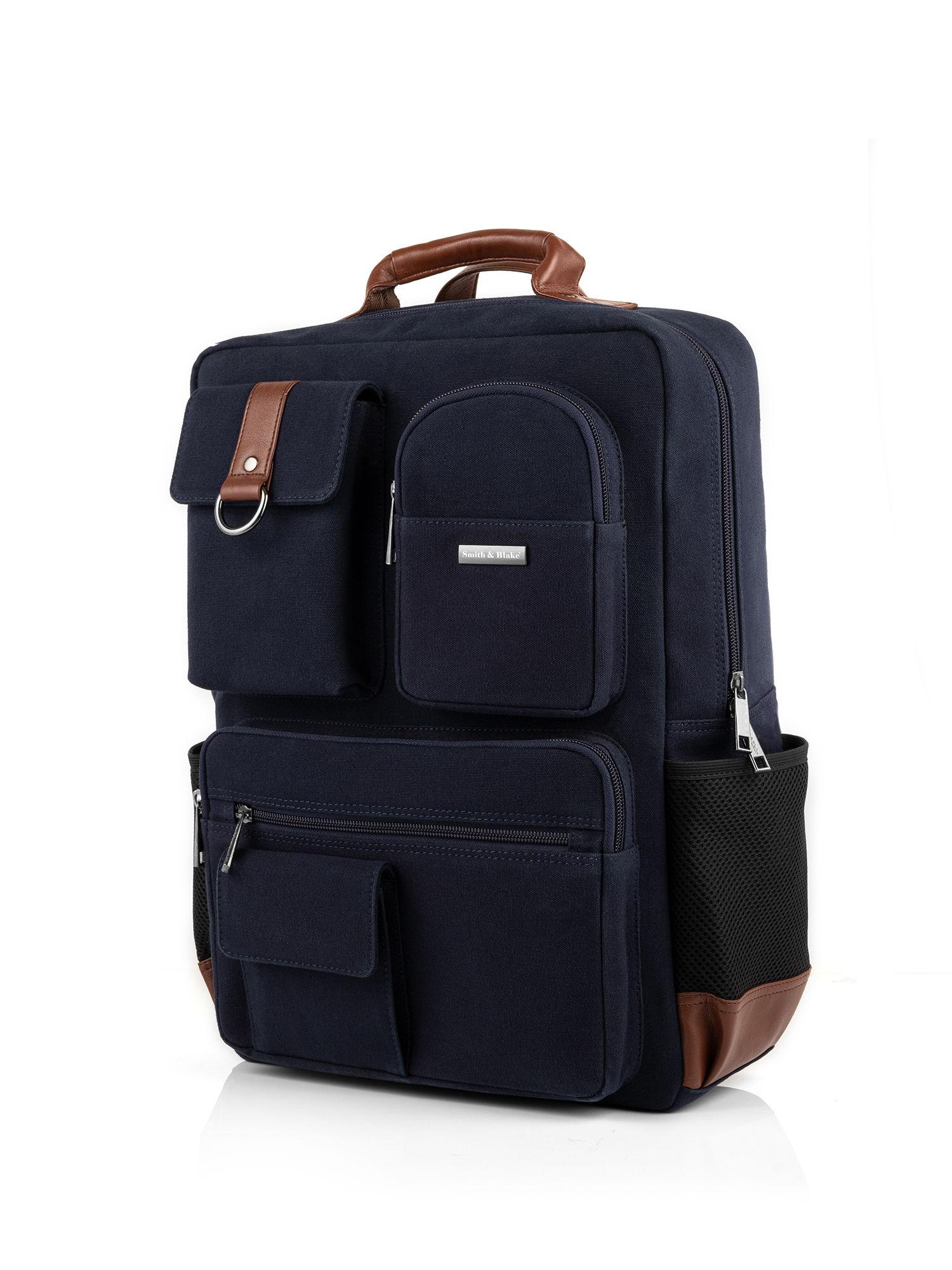 laptop backpack blue canvas with leatherette styling elliot