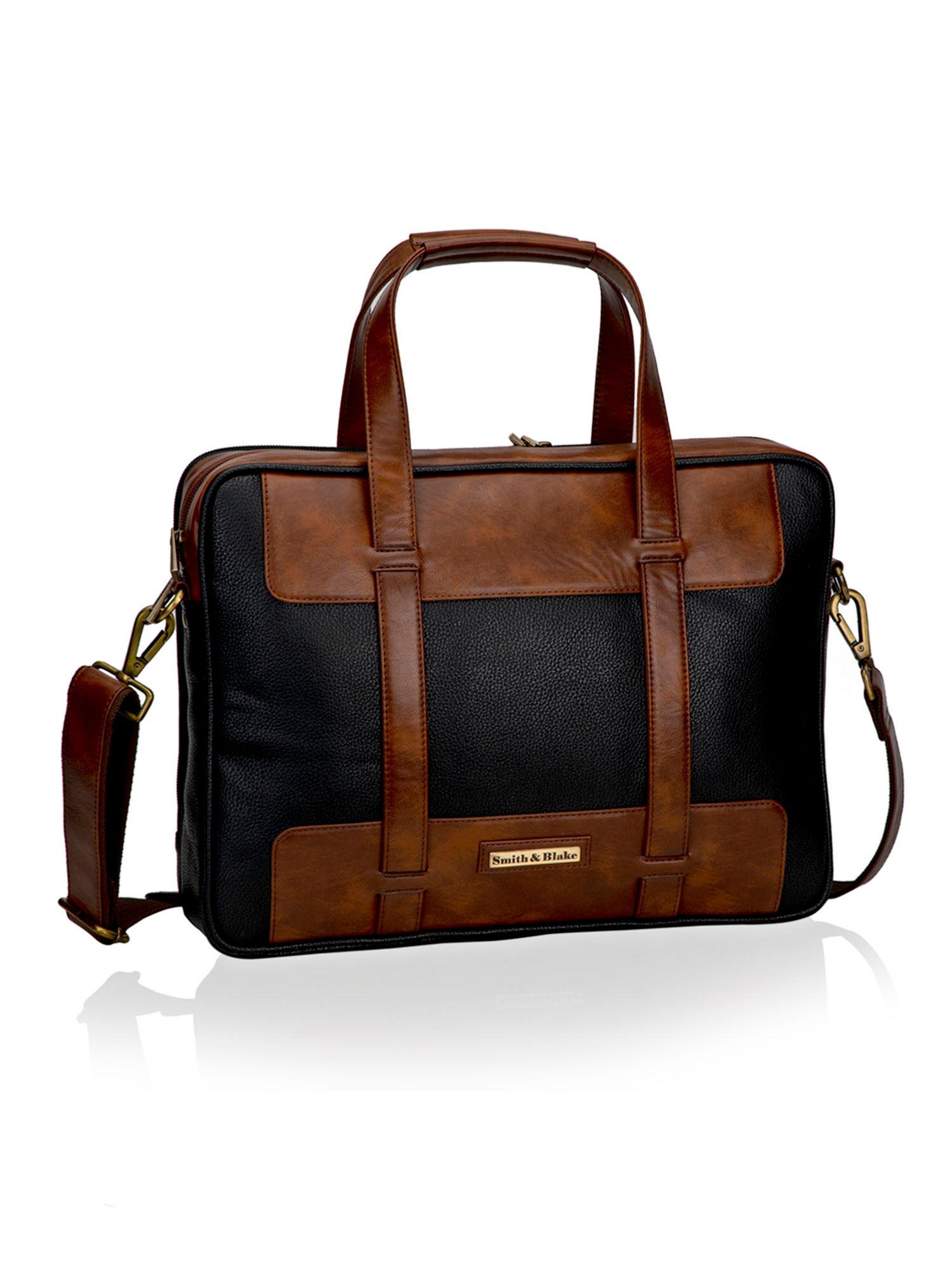 laptop and messenger bag black & brown leatherette | fits upto 15.6 inch | boreno