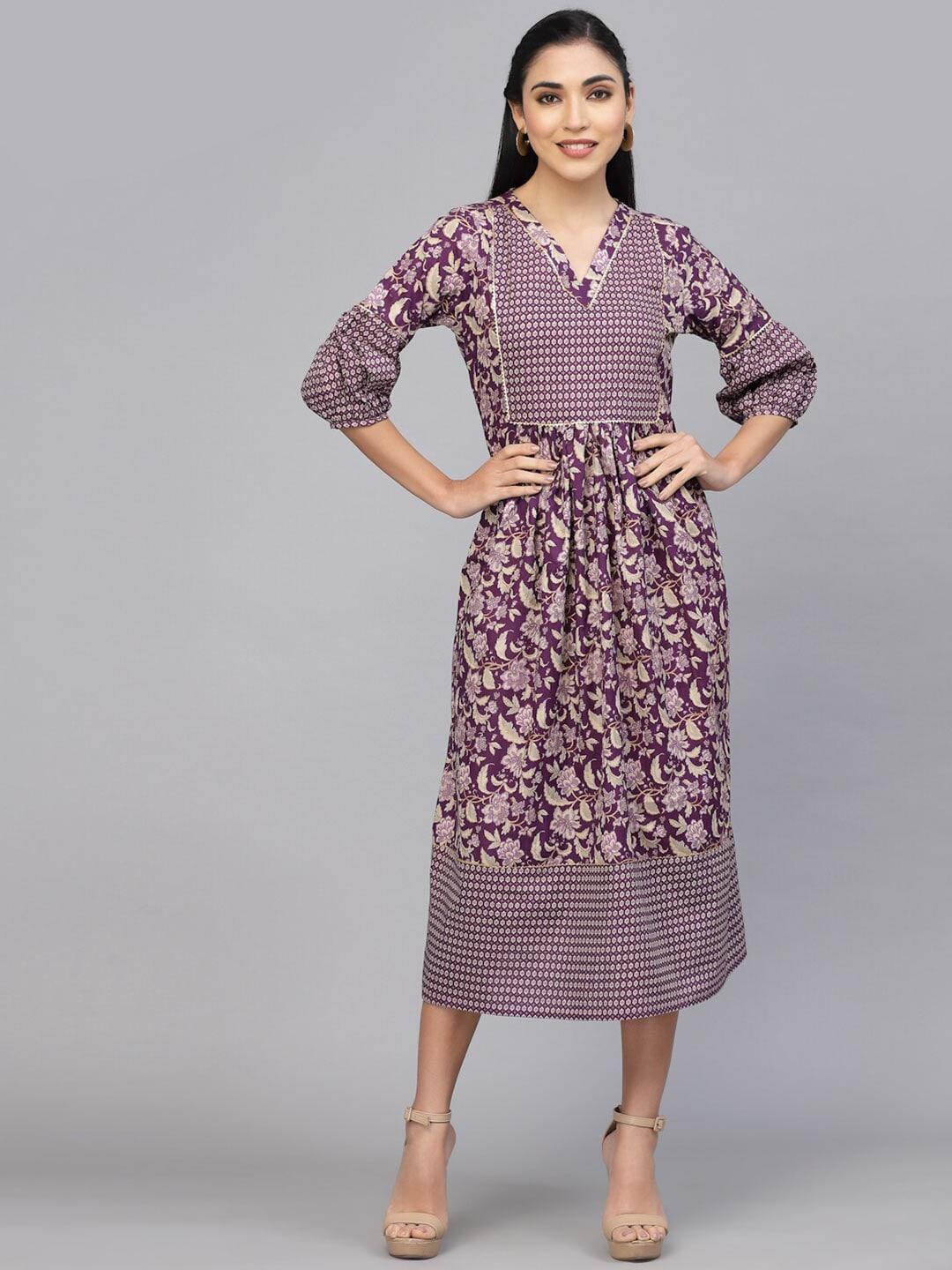largish floral printed puff sleeves a-line midi dress