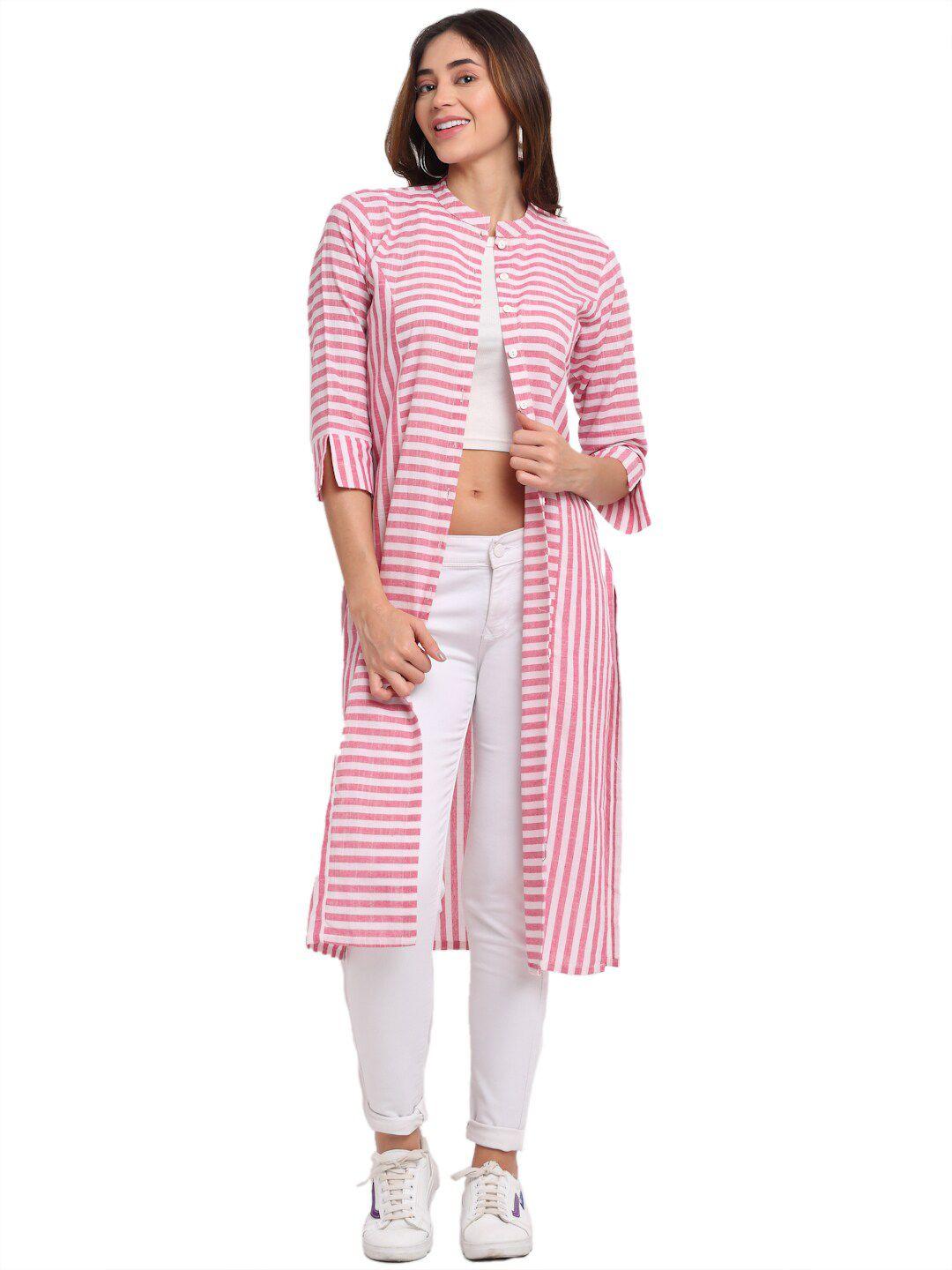 largish women pink & white striped longline button shrug
