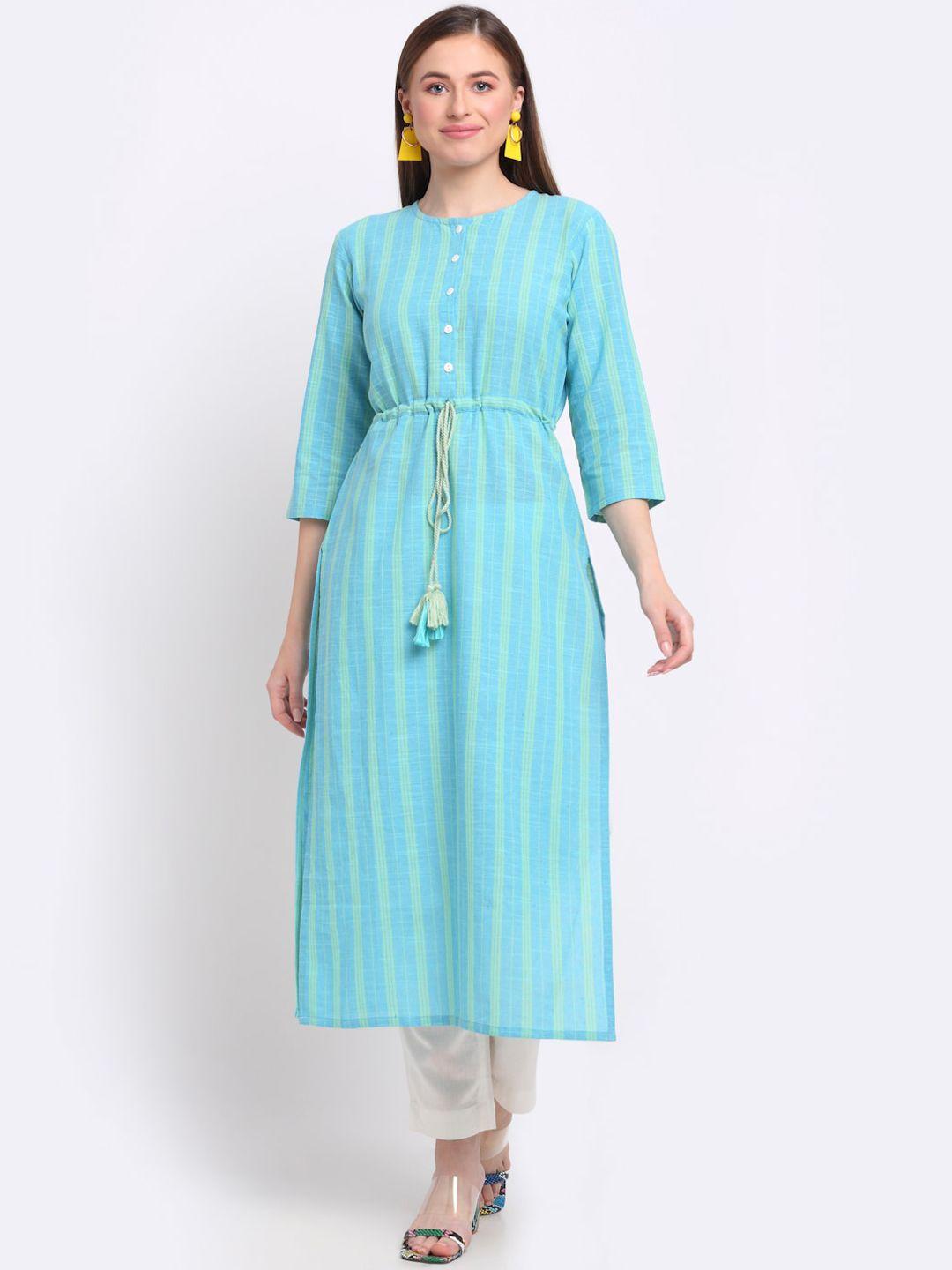 largish striped round neck tie-ups cotton a-line kurta