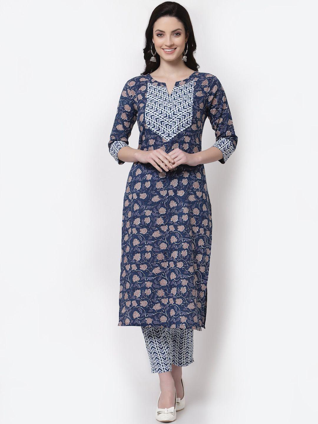 largish women blue floral printed regular pure cotton kurta with trousers