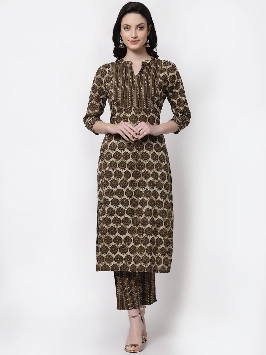 largish women brown printed regular pure cotton kurta with trousers