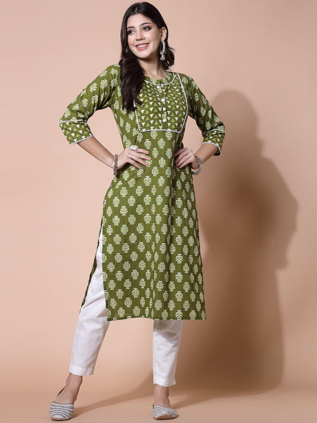 largish women green ethnic motifs printed keyhole neck mirror work floral kurta