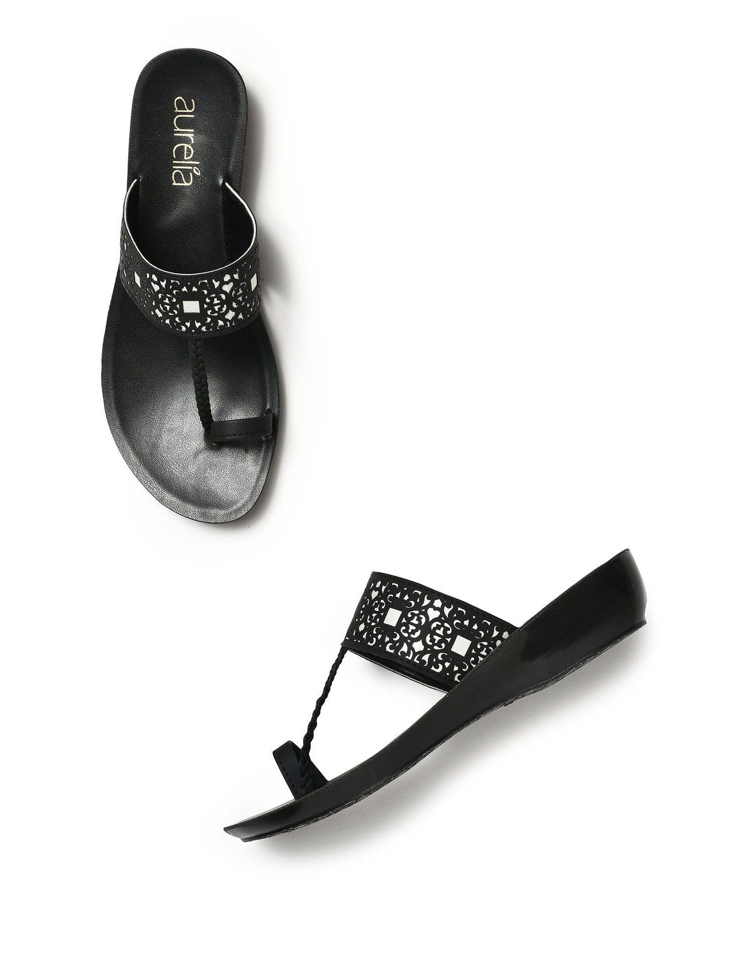 laser cut black almond toe wedge