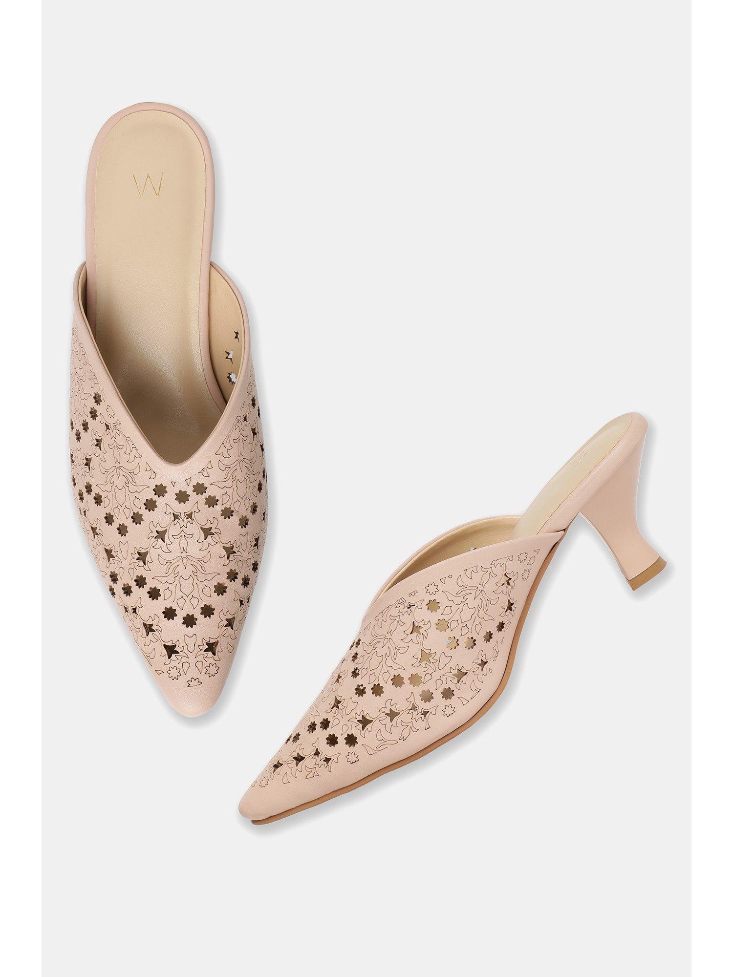 laser cut nude pointed toe block heel