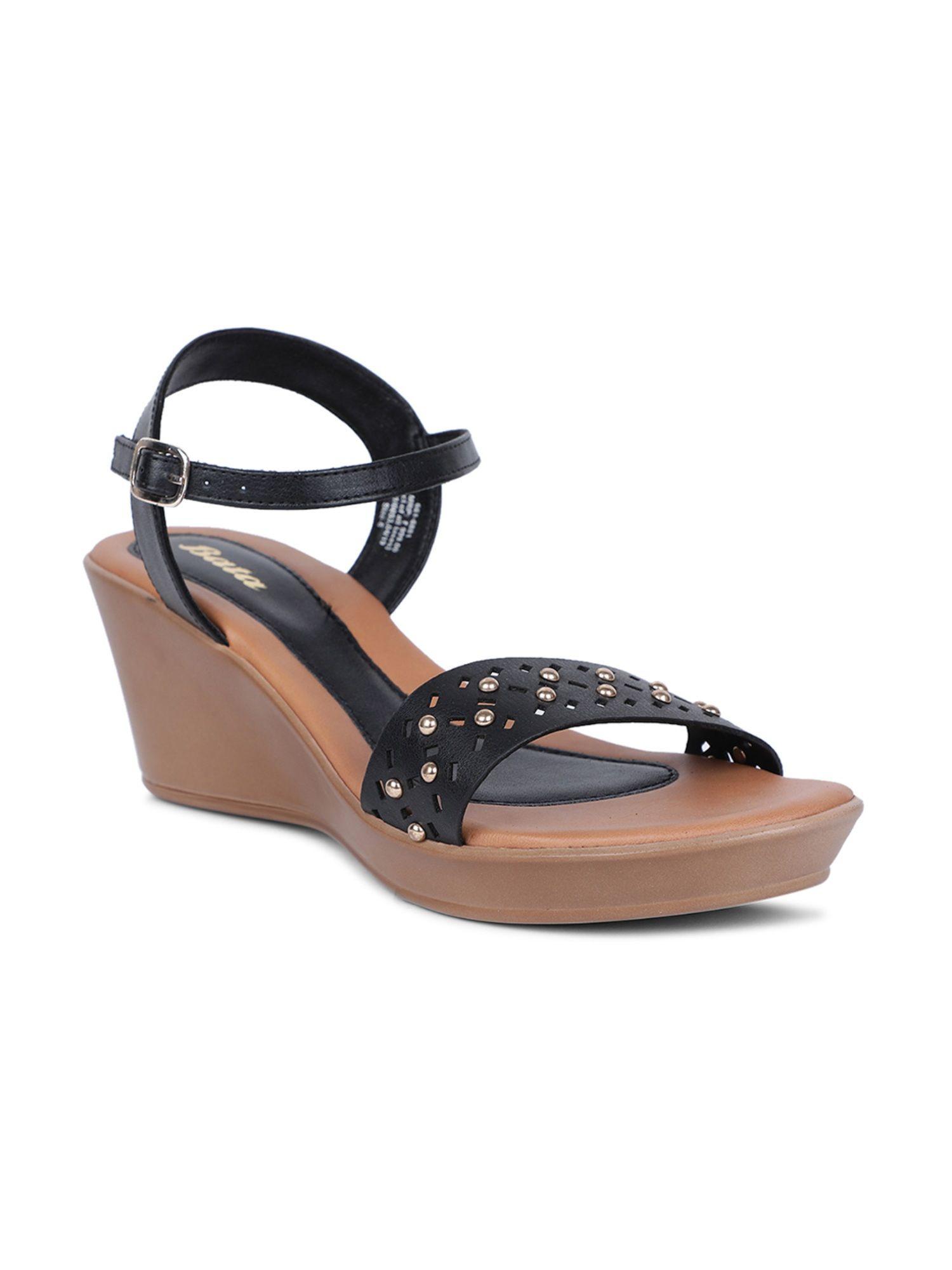 laser stud women black wedges