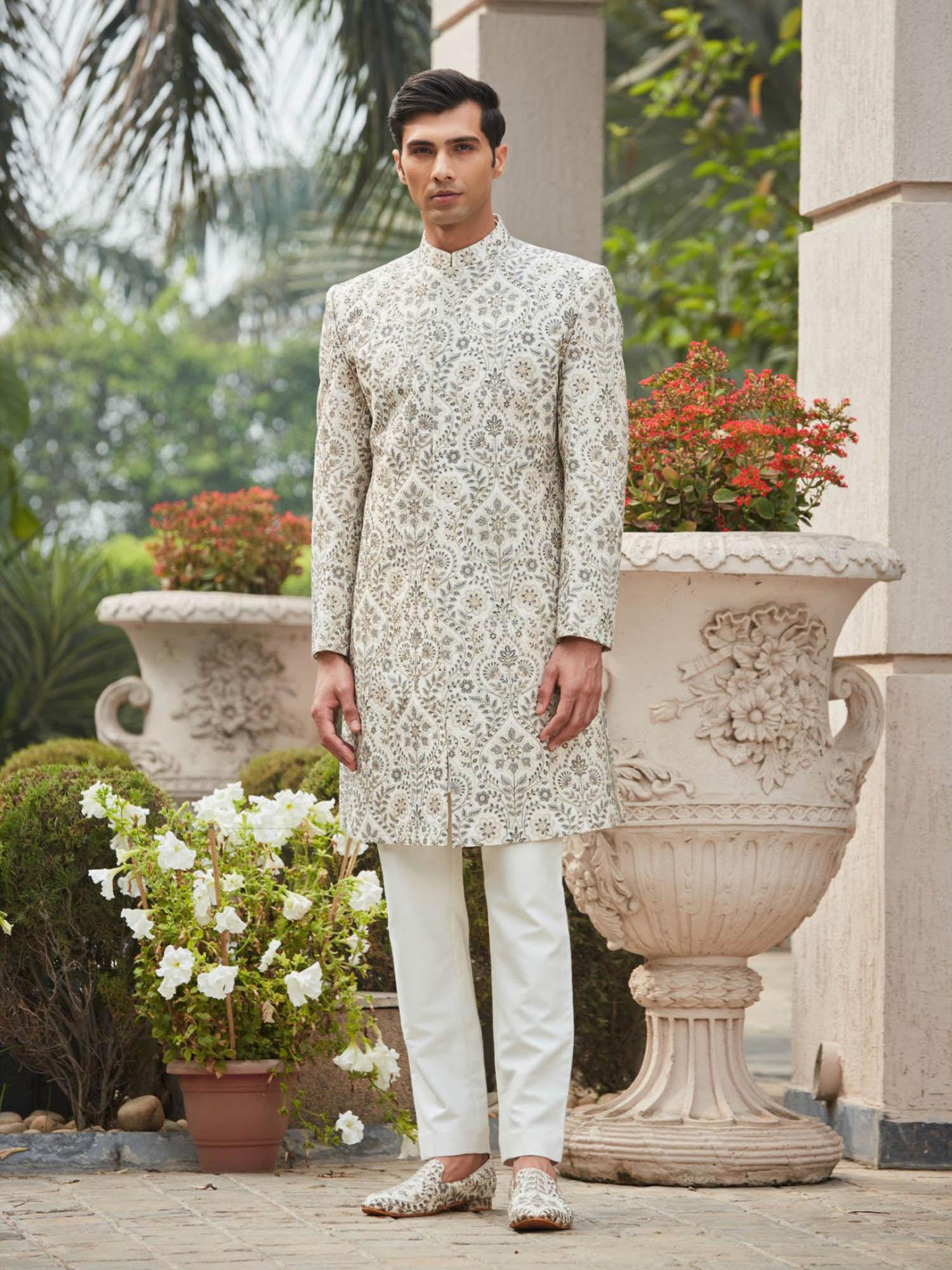 laska - chikankari & zari work kurta achkan kurta (set of 3)