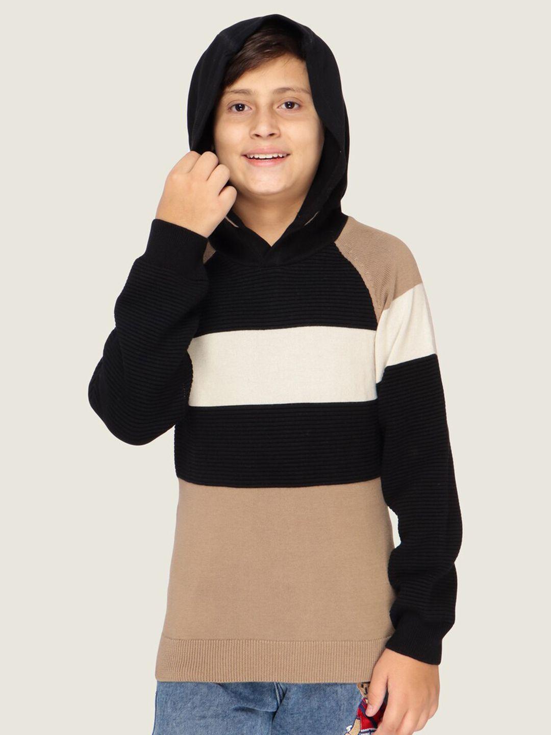 lasnak boys beige & black colourblocked hooded cotton pullover sweater